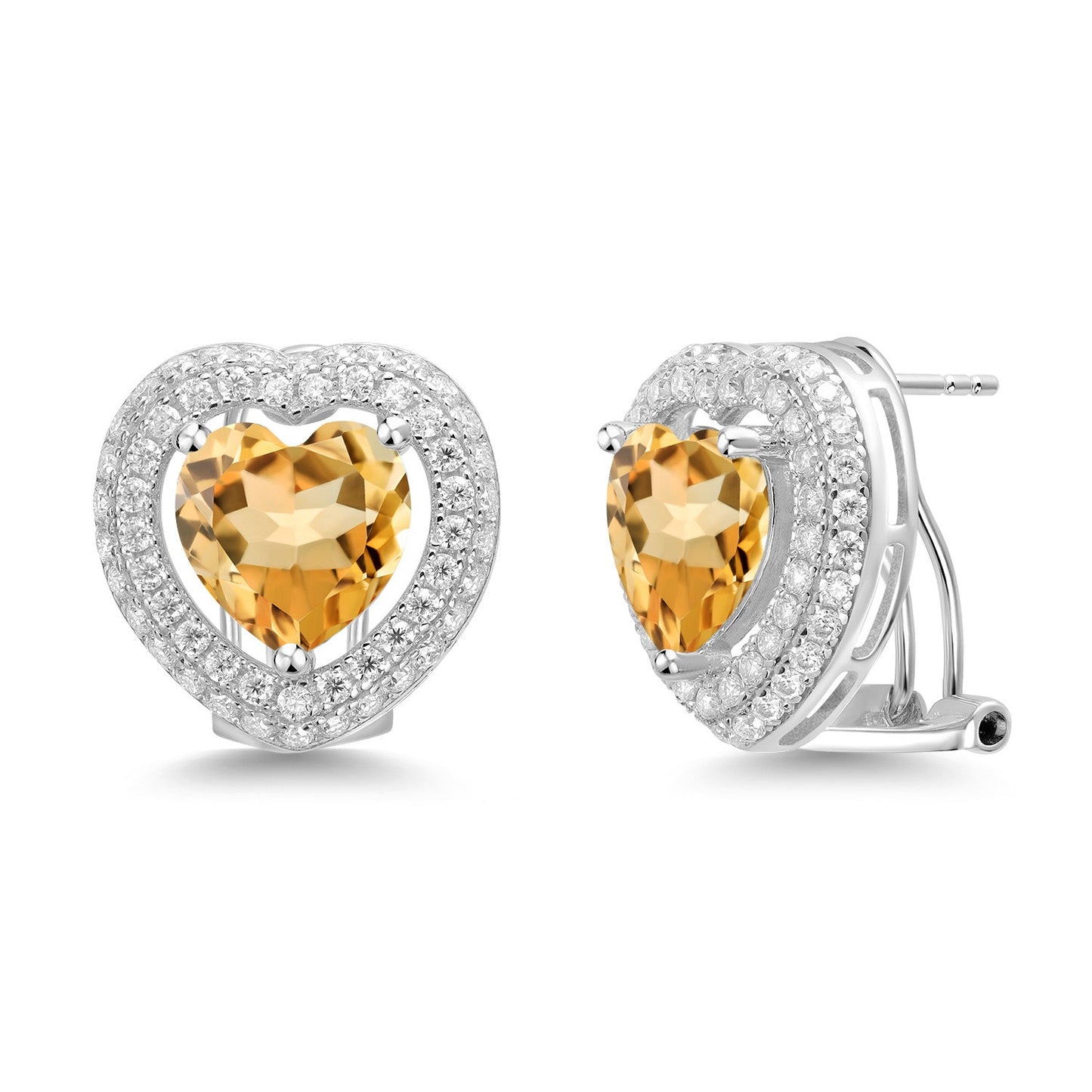 925 Sterling Silver 10MM Heart Shape Gemstone Birthstone and White Moissanite Post Clip Earrings For Women