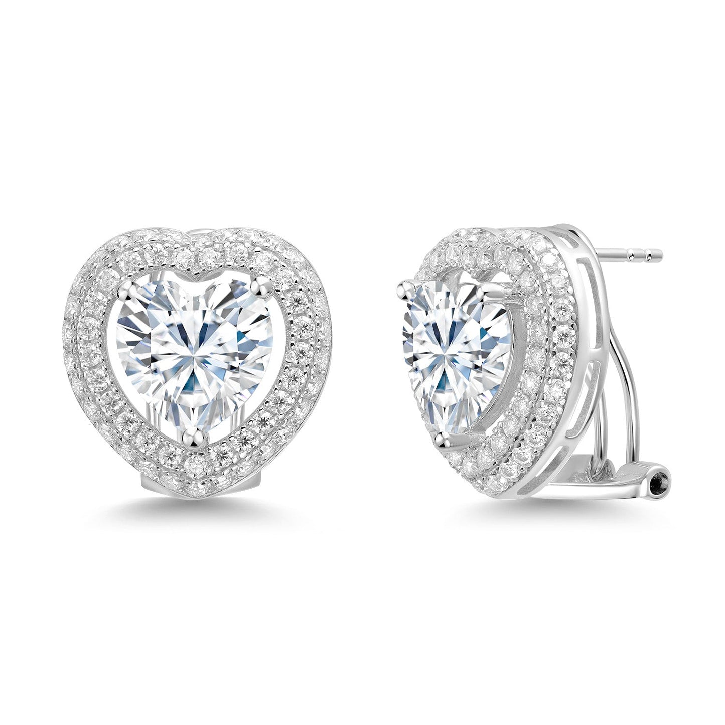 925 Sterling Silver 10MM Heart Shape Gemstone Birthstone and White Moissanite Post Clip Earrings For Women