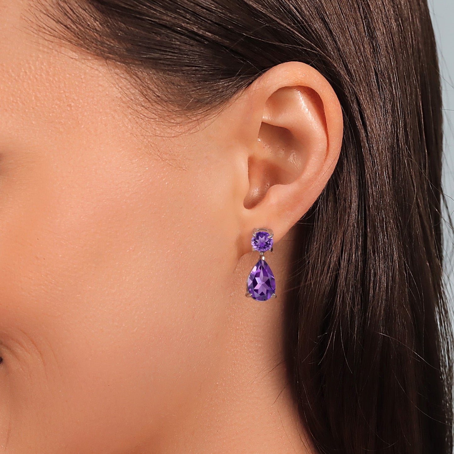 925 Sterling Silver Purple Amethyst Teardrop Dangle Drop Earrings For Women (7.30 Cttw, Gemstone Birthstone, Pear Shape 12x8MM, Round 6MM)