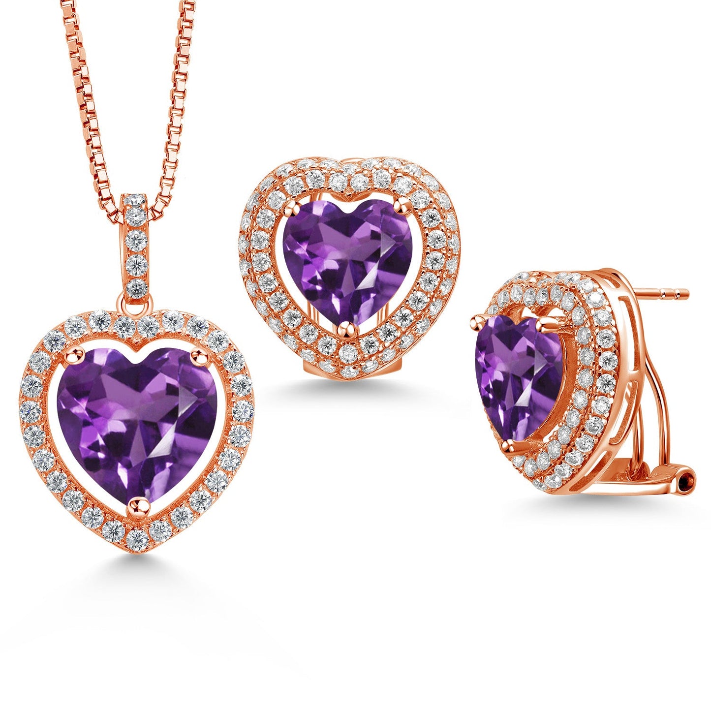 925 Sterling Silver Gemstone Birthstone and White Moissanite Halo Heart Shape Pendant and Earrings Jewelry Set For Women | Heart 12MM and 10MM | With 18 Inch Chain