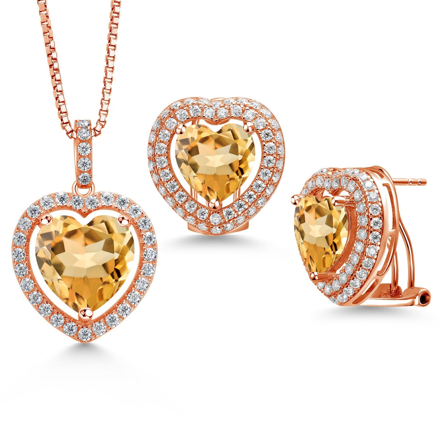 925 Sterling Silver Gemstone Birthstone and White Moissanite Halo Heart Shape Pendant and Earrings Jewelry Set For Women | Heart 12MM and 10MM | With 18 Inch Chain