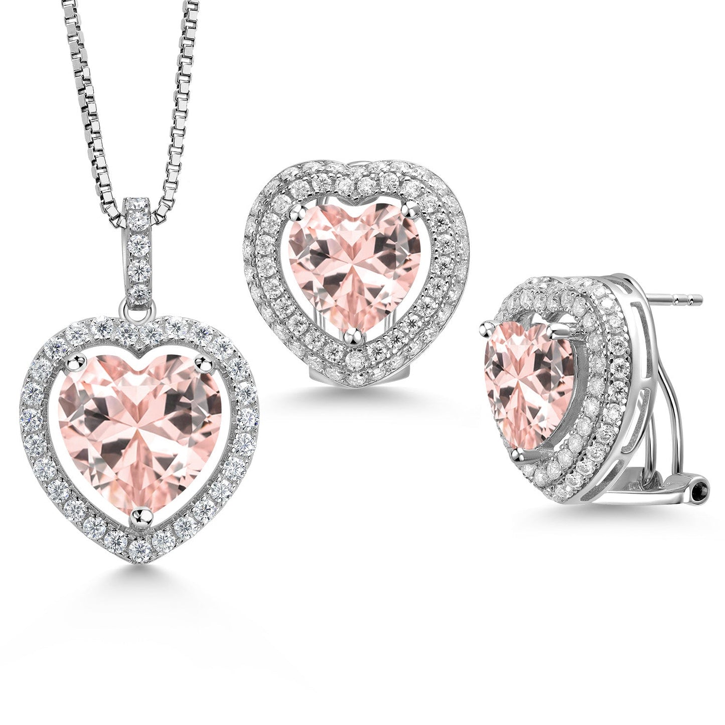 925 Sterling Silver Gemstone Birthstone and White Moissanite Halo Heart Shape Pendant and Earrings Jewelry Set For Women | Heart 12MM and 10MM | With 18 Inch Chain