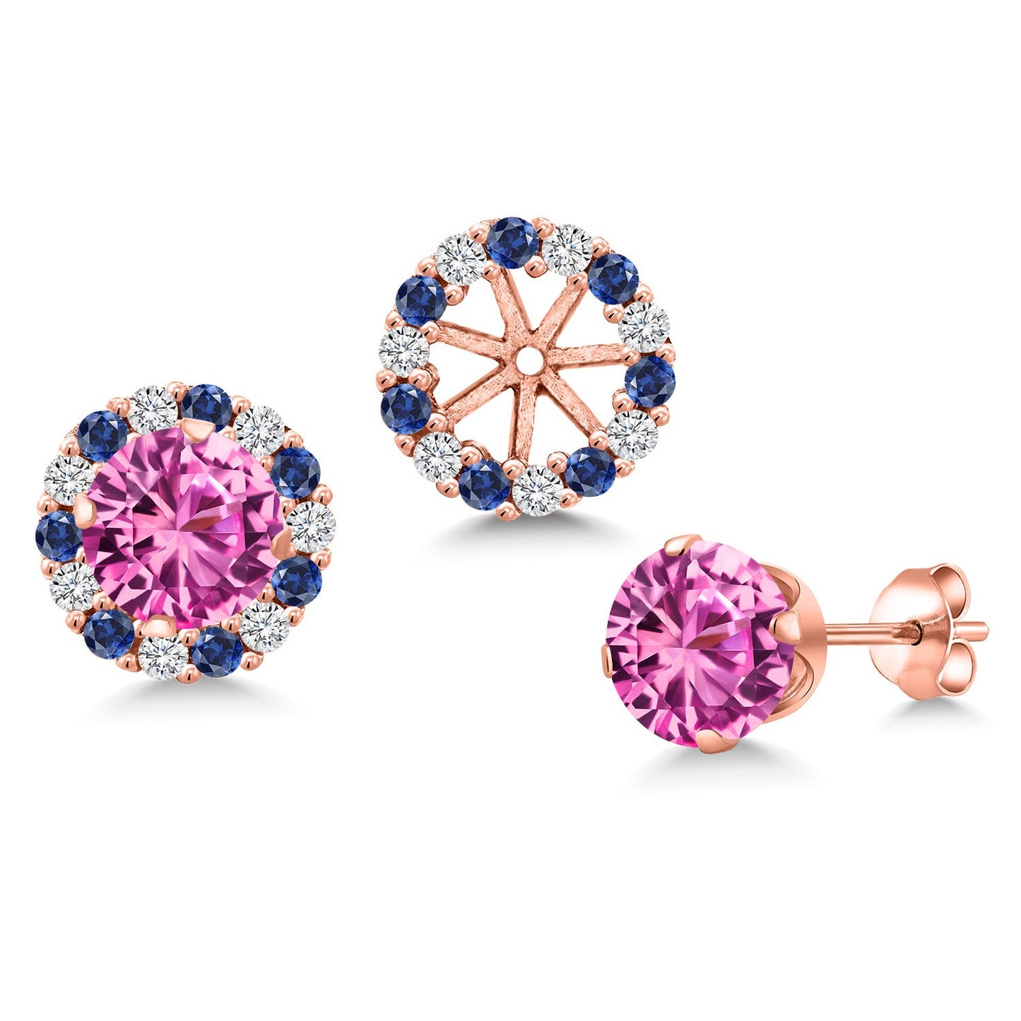 18K Rose Gold Plated Silver 6MM Round Gemstone Birthstone Halo Stud Earrings for Women with Removable Jackets