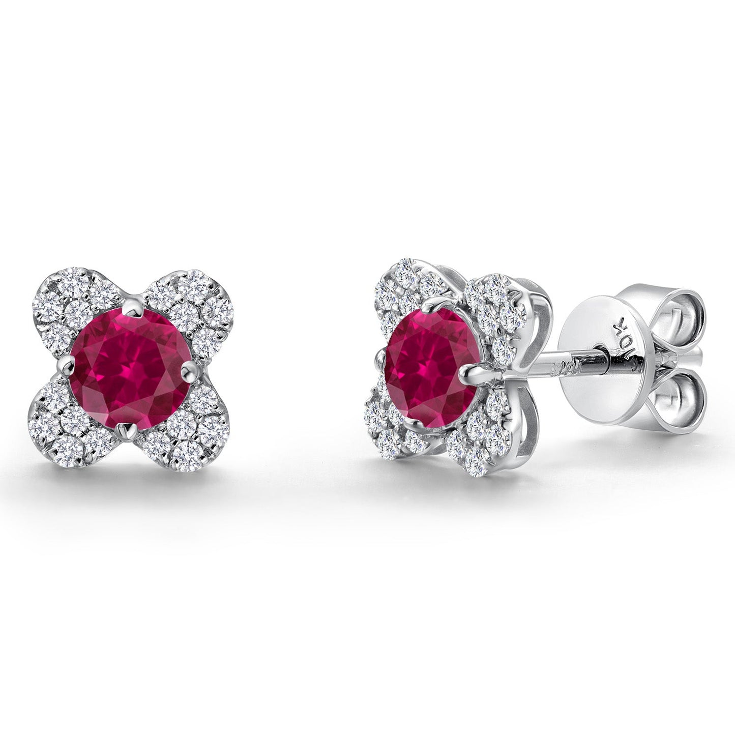 10K White Gold 4MM Round Gemstone Birthstone and White Lab Grown Diamond Flower Stud Earrings | Gold Earrings For Women