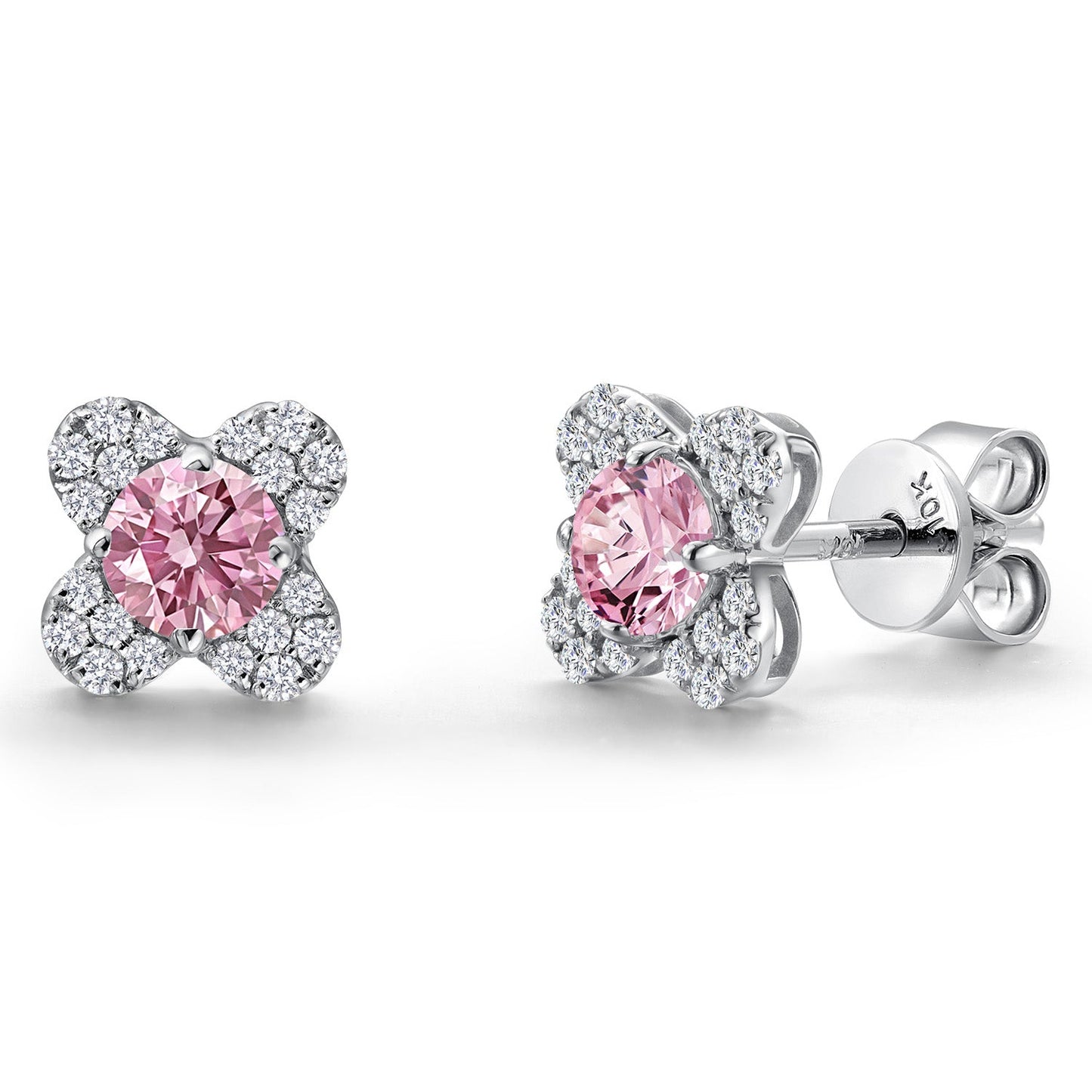 10K White Gold 4MM Round Gemstone Birthstone and White Lab Grown Diamond Flower Stud Earrings | Gold Earrings For Women
