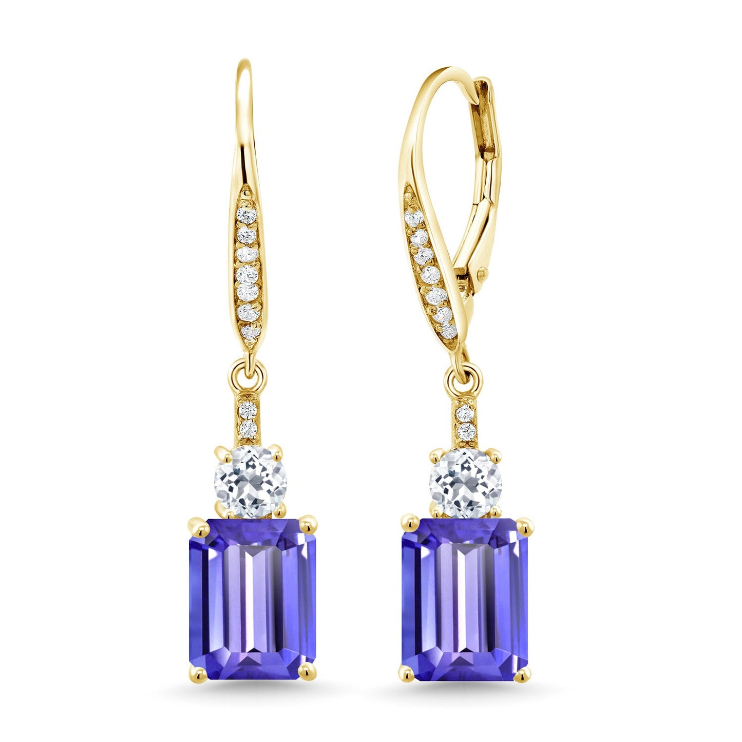 4-6 Cttw Dangle Earrings for Women | Gemstone Birthstone and White Topaz | 18K Yellow Gold Plated Silver | Emerald Cut 9X7MM | Elegant Drop Design | Gift for Her Wife Mom