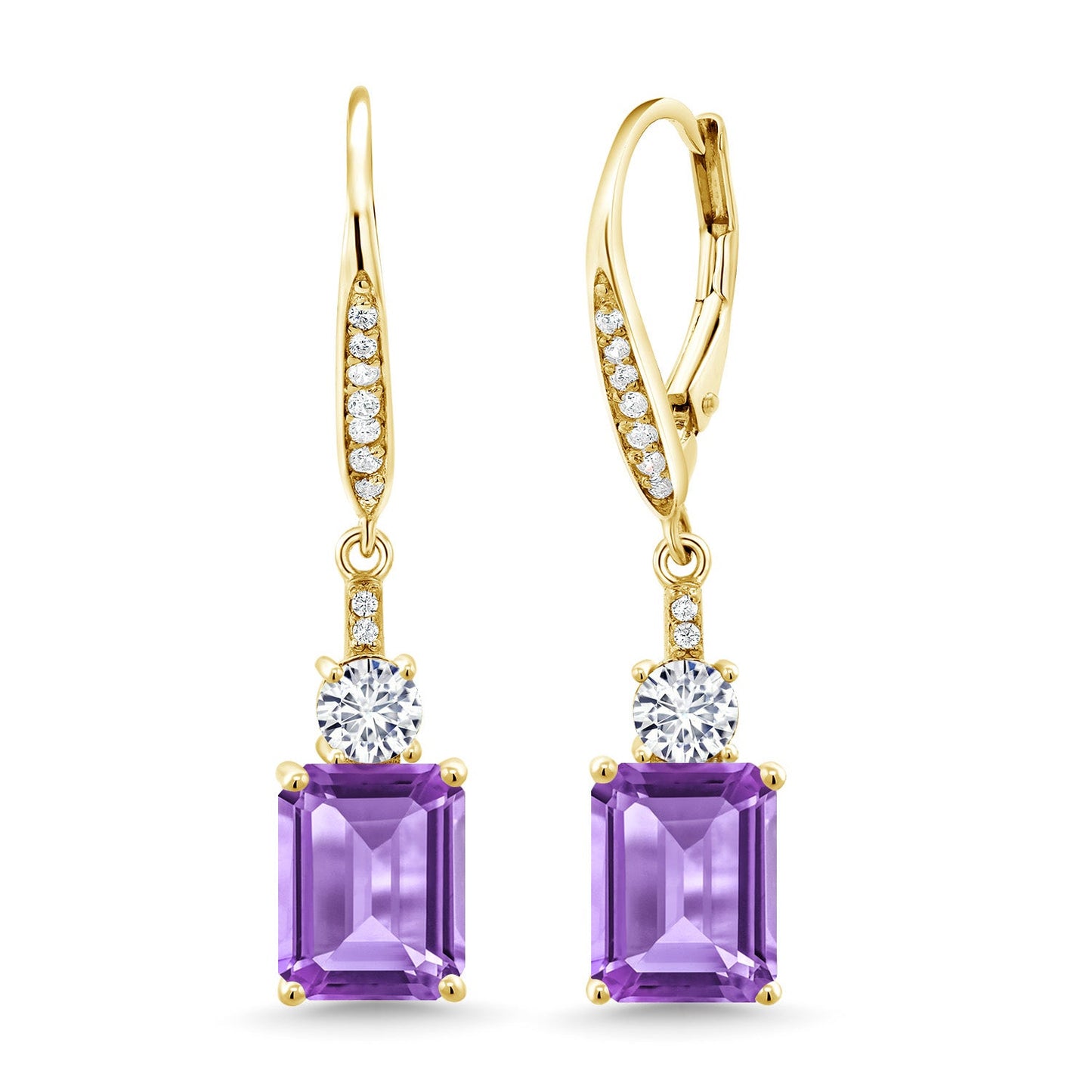 Gemstone Birthstone and White Moissanite Dangle Earrings For Women | 18K Yellow Gold Plated Silver | Emerald Cut 9X7MM with 4MM Round Accent | Elegant Drop Design