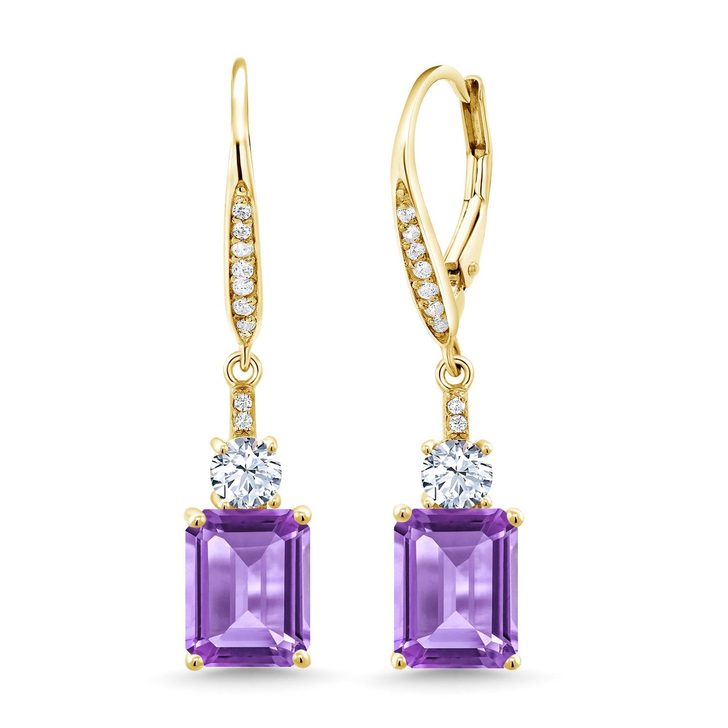 4-5 Cttw Leverback Drop Dangle Earrings For Women | 18K Yellow Gold Plated Silver | Emerald Cut 9X7MM Gemstone Birthstone | Fine Jewelry Gifts for Her Mom Anniversary Wedding