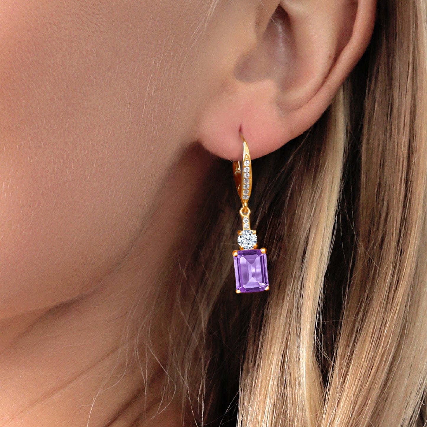 4-5 Cttw Leverback Drop Dangle Earrings For Women | 18K Yellow Gold Plated Silver | Emerald Cut 9X7MM Gemstone Birthstone | Fine Jewelry Gifts for Her Mom Anniversary Wedding