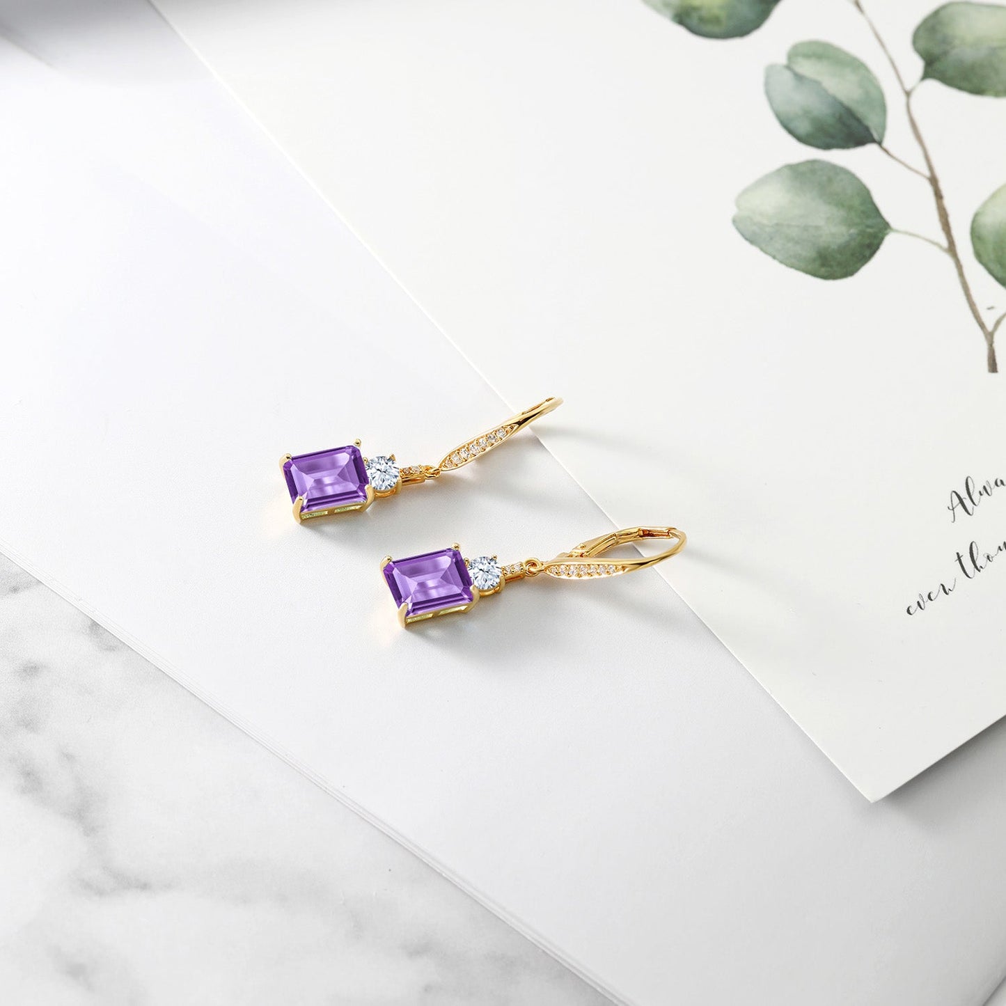 4-5 Cttw Leverback Drop Dangle Earrings For Women | 18K Yellow Gold Plated Silver | Emerald Cut 9X7MM Gemstone Birthstone | Fine Jewelry Gifts for Her Mom Anniversary Wedding