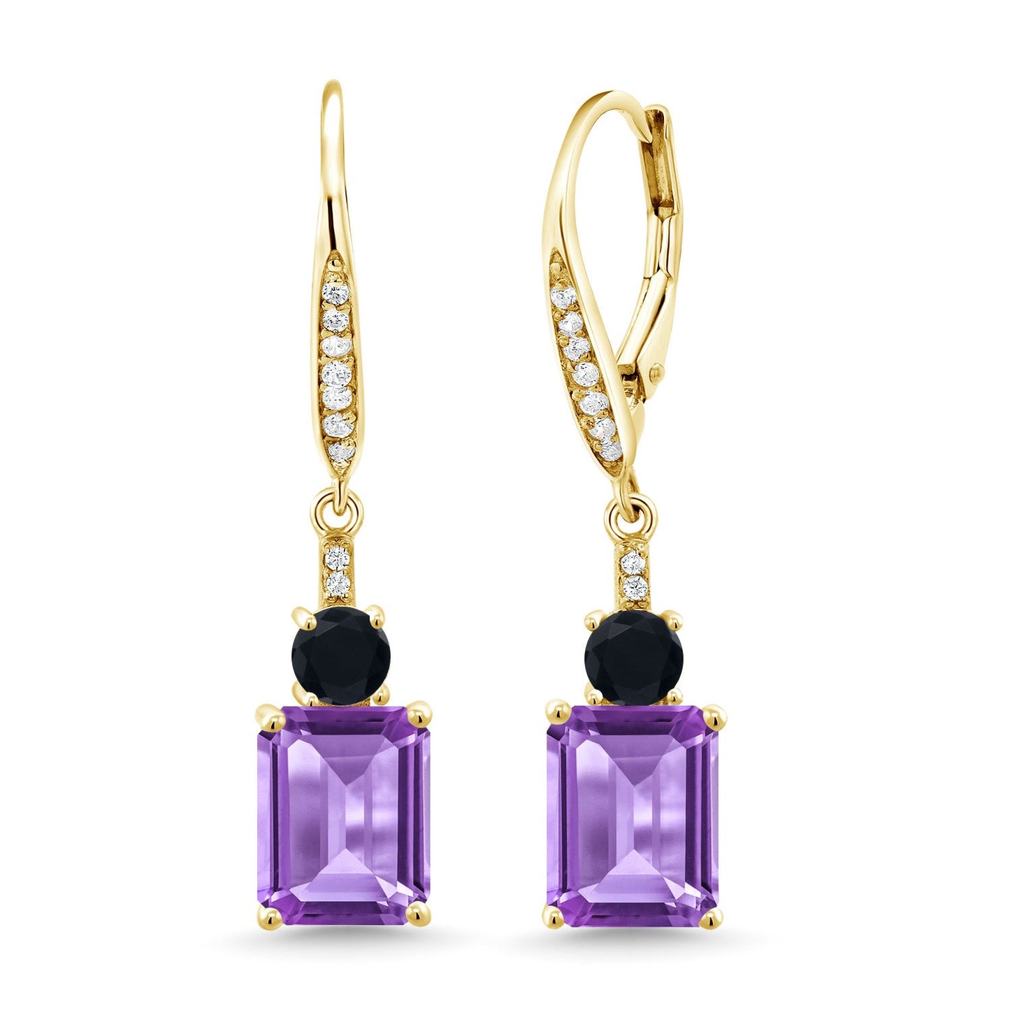 Gemstone Birthstone and Black Onyx Dangle Earrings for Women | 18K Yellow Gold Plated Silver | Emerald Cut 9X7MM with 4MM Round Accent | Elegant Drop Design | Gift for Her Wife Mom