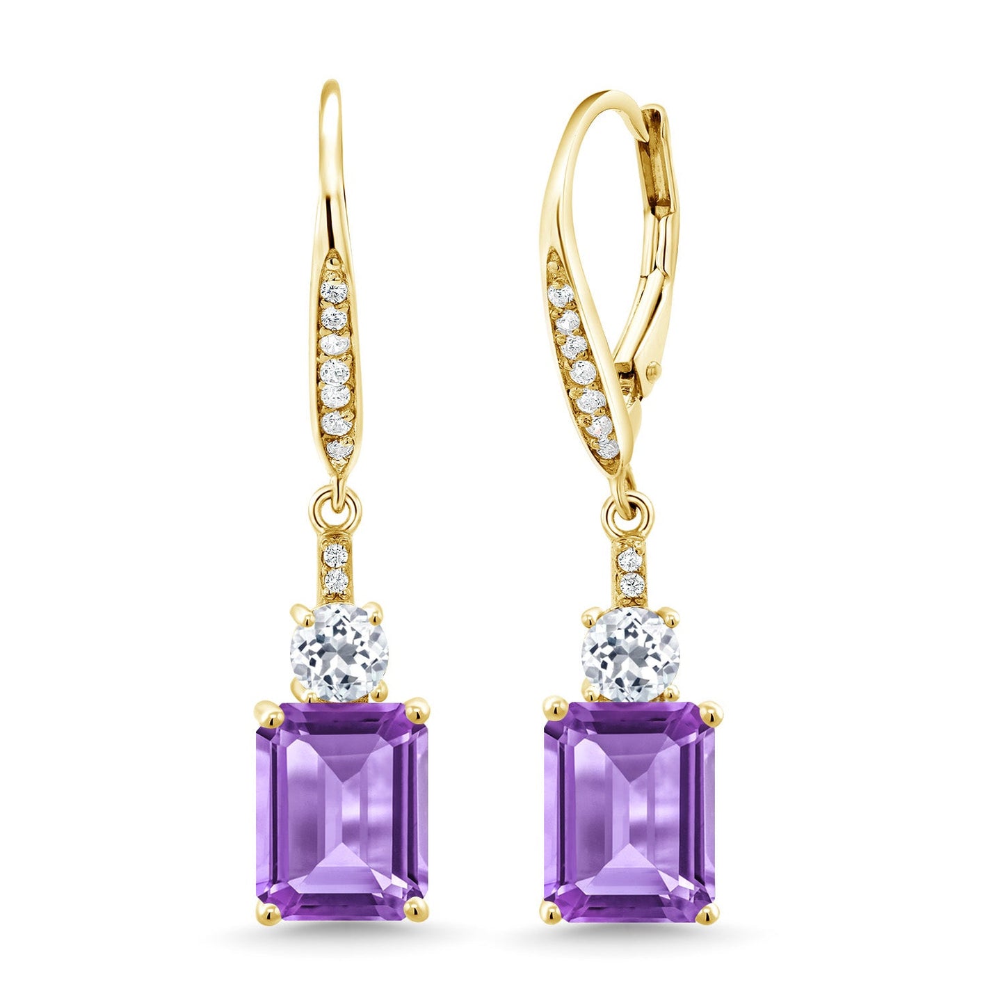 4-6 Cttw Dangle Earrings for Women | Gemstone Birthstone and White Topaz | 18K Yellow Gold Plated Silver | Emerald Cut 9X7MM | Elegant Drop Design | Gift for Her Wife Mom