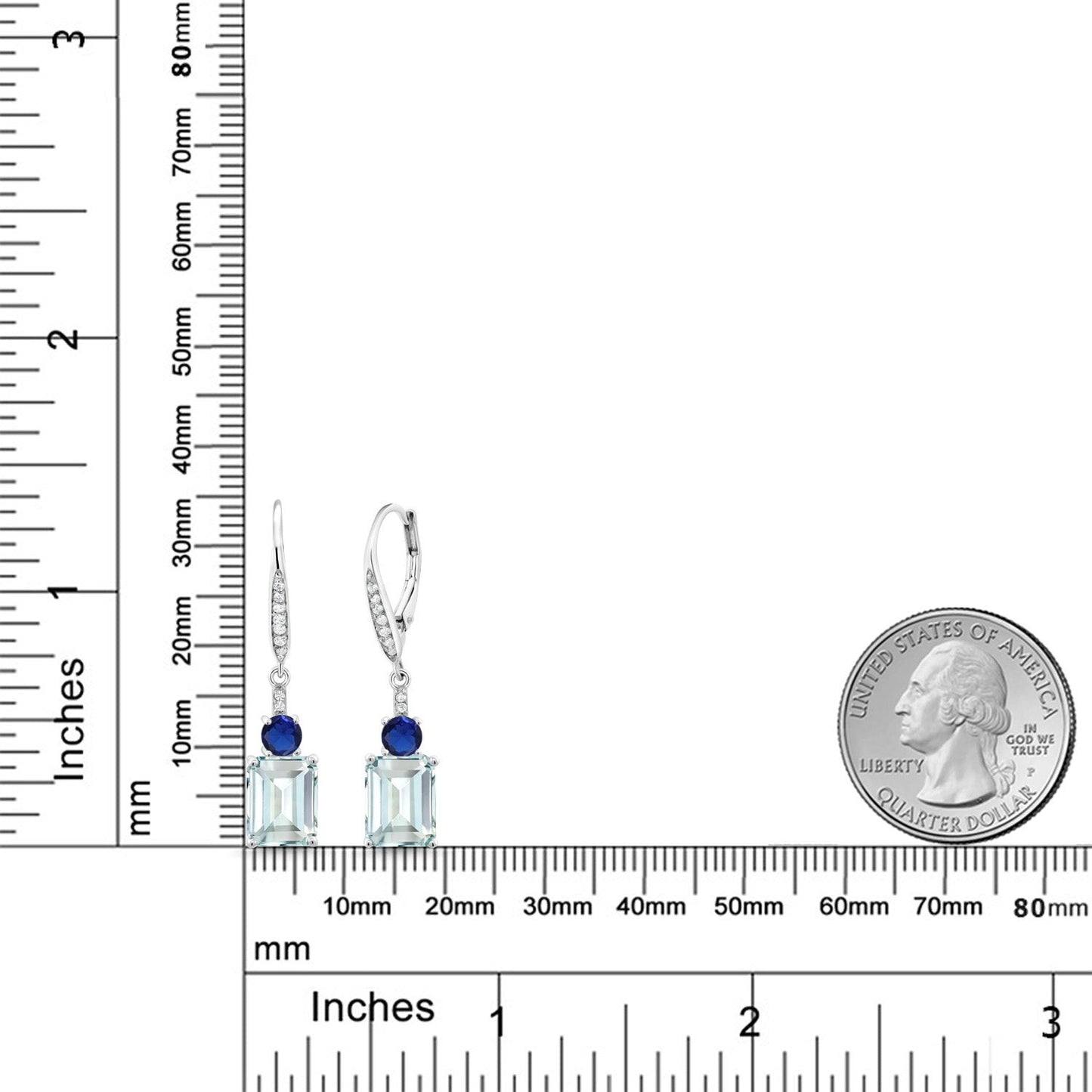 Gemstone Birthstone and Blue Created Sapphire Dangle Earrings for Women | 925 Sterling Silver | Emerald Cut 9X7MM with 4MM Round Accent | Elegant Drop Design | Gift for Her Wife Mom