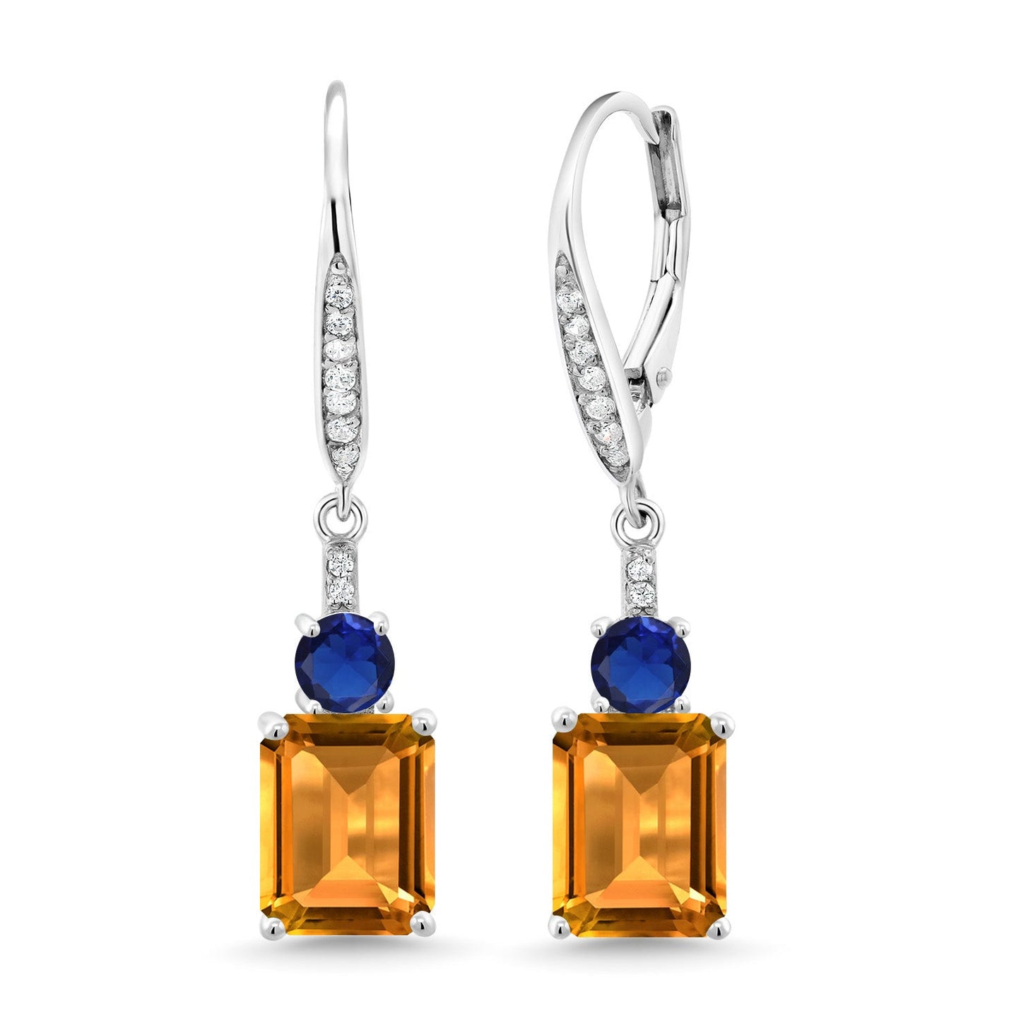Gemstone Birthstone and Blue Created Sapphire Dangle Earrings for Women | 925 Sterling Silver | Emerald Cut 9X7MM with 4MM Round Accent | Elegant Drop Design | Gift for Her Wife Mom