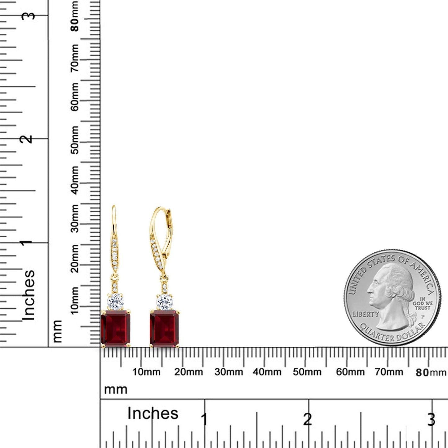 4-6 Cttw Dangle Earrings for Women | Gemstone Birthstone and White Topaz | 18K Yellow Gold Plated Silver | Emerald Cut 9X7MM | Elegant Drop Design | Gift for Her Wife Mom