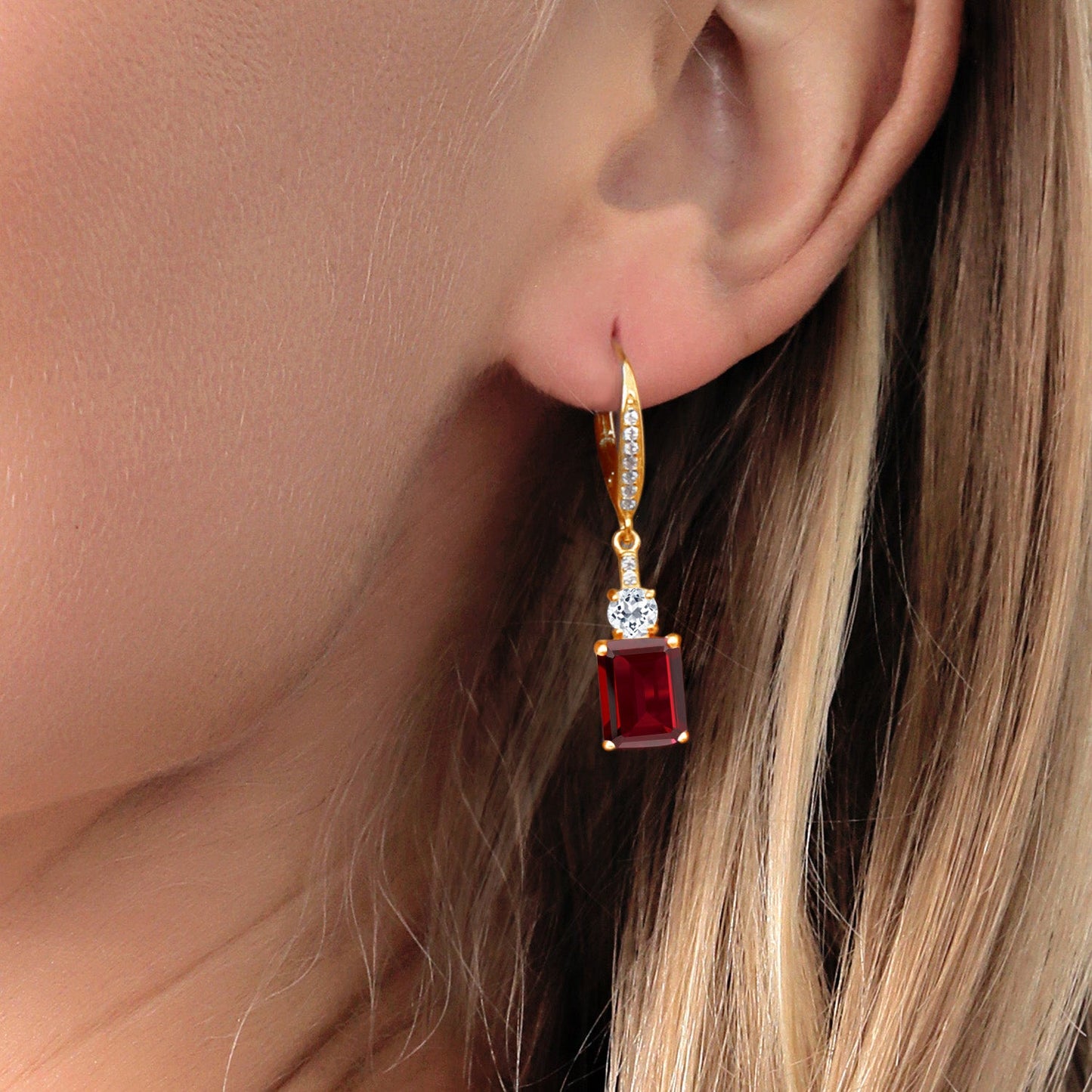 4-6 Cttw Dangle Earrings for Women | Gemstone Birthstone and White Topaz | 18K Yellow Gold Plated Silver | Emerald Cut 9X7MM | Elegant Drop Design | Gift for Her Wife Mom