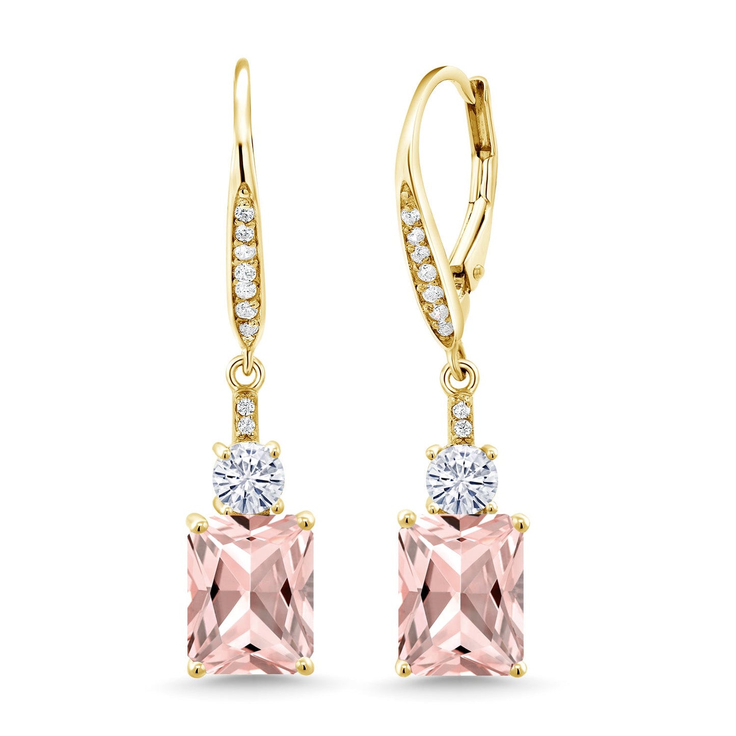 Gemstone Birthstone and White Moissanite Dangle Earrings For Women | 18K Yellow Gold Plated Silver | Emerald Cut 9X7MM with 4MM Round Accent | Elegant Drop Design