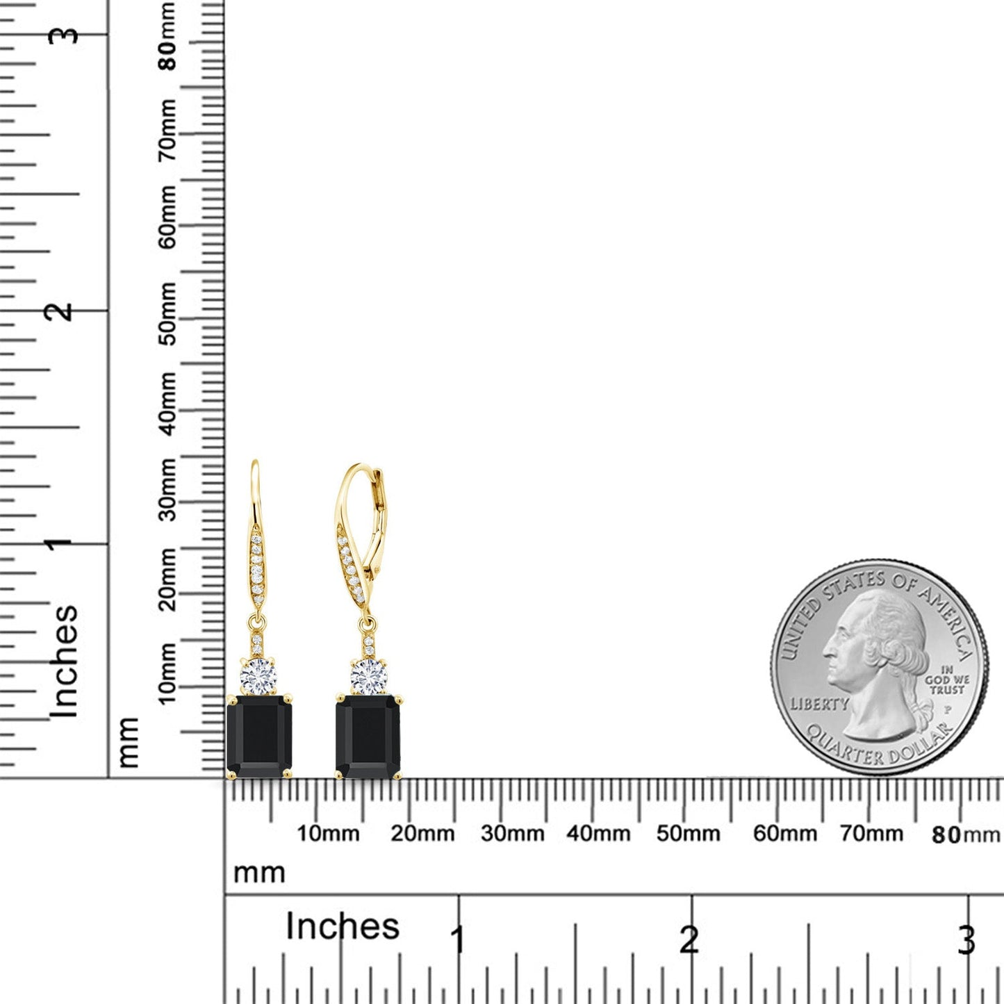 Gemstone Birthstone and White Moissanite Dangle Earrings For Women | 18K Yellow Gold Plated Silver | Emerald Cut 9X7MM with 4MM Round Accent | Elegant Drop Design