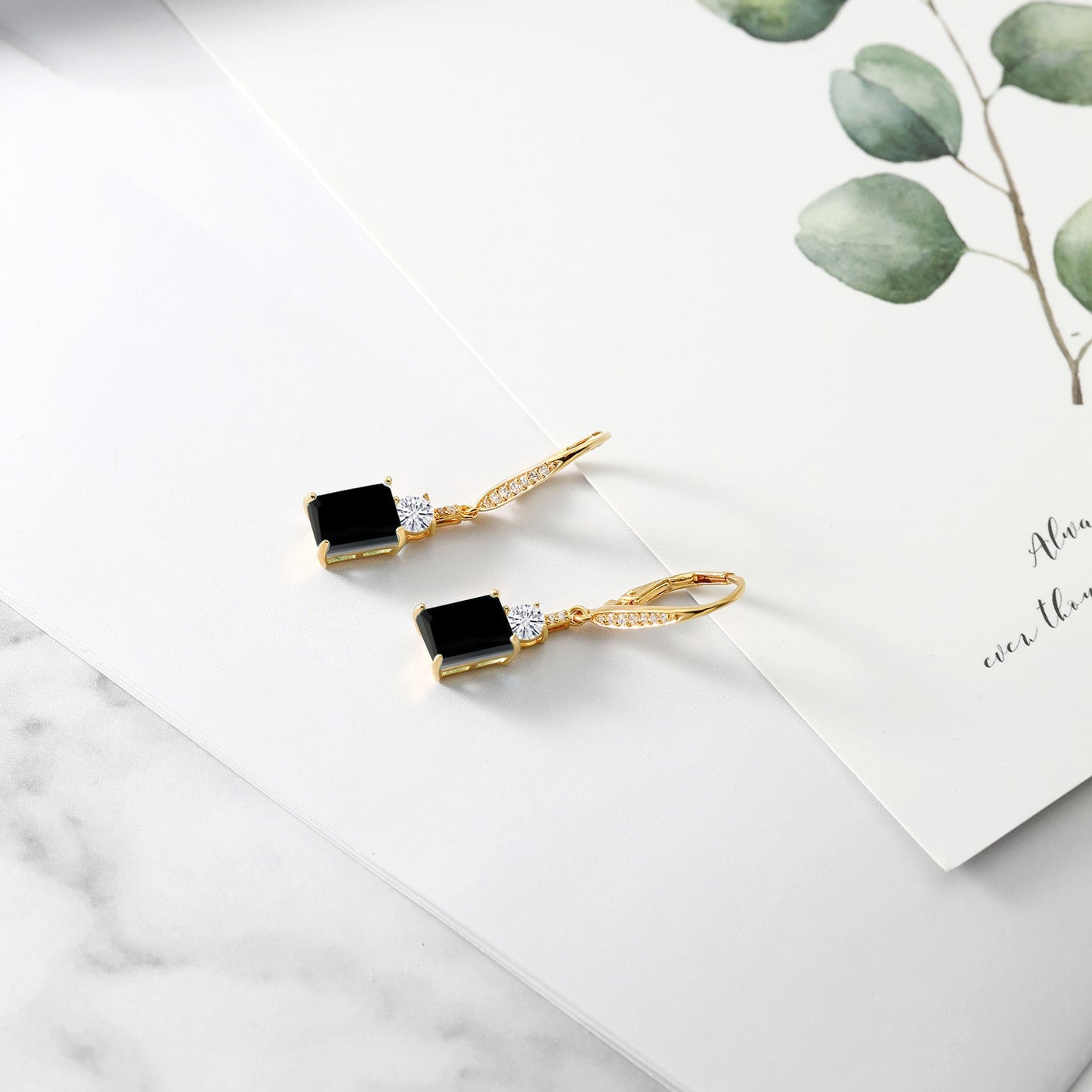 Gemstone Birthstone and White Moissanite Dangle Earrings For Women | 18K Yellow Gold Plated Silver | Emerald Cut 9X7MM with 4MM Round Accent | Elegant Drop Design