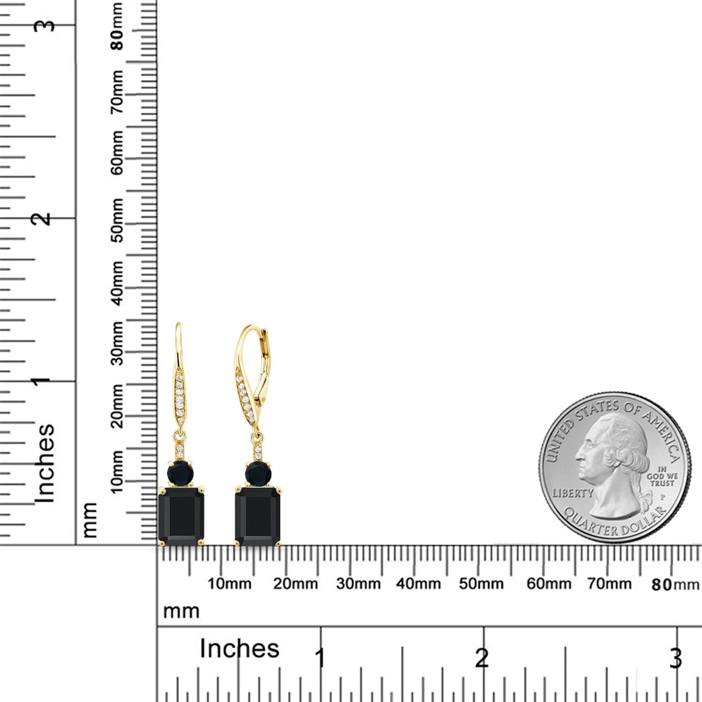 Gemstone Birthstone and Black Onyx Dangle Earrings for Women | 18K Yellow Gold Plated Silver | Emerald Cut 9X7MM with 4MM Round Accent | Elegant Drop Design | Gift for Her Wife Mom
