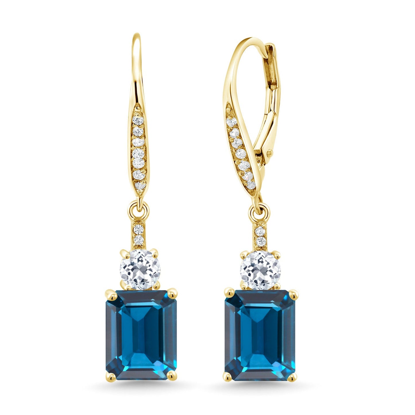 4-6 Cttw Dangle Earrings for Women | Gemstone Birthstone and White Topaz | 18K Yellow Gold Plated Silver | Emerald Cut 9X7MM | Elegant Drop Design | Gift for Her Wife Mom