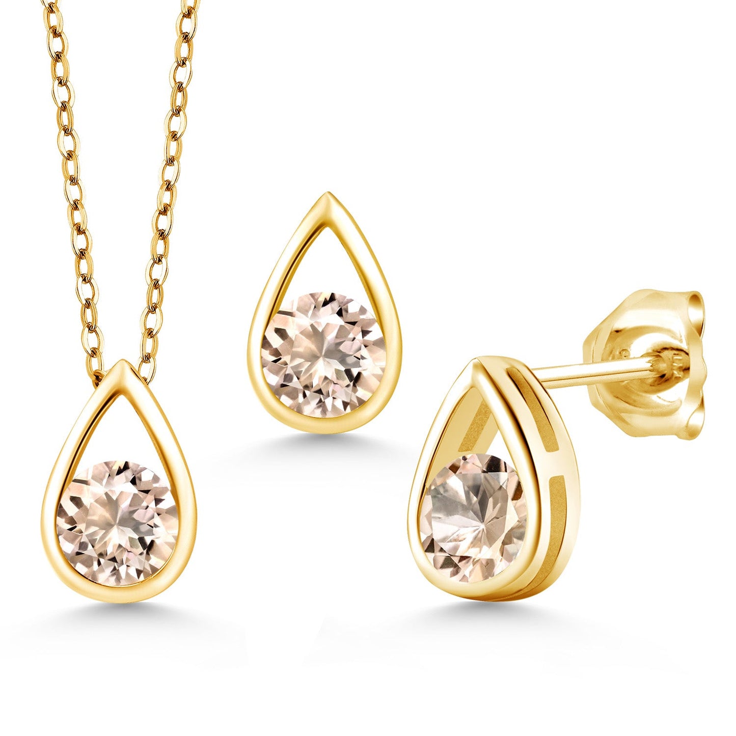 18K Yellow Gold Plated Silver 5MM Round Gemstone Birthstone Teardrop Pendant Earrings Set | Jewelry Set for Women | With 18 Inch Chain