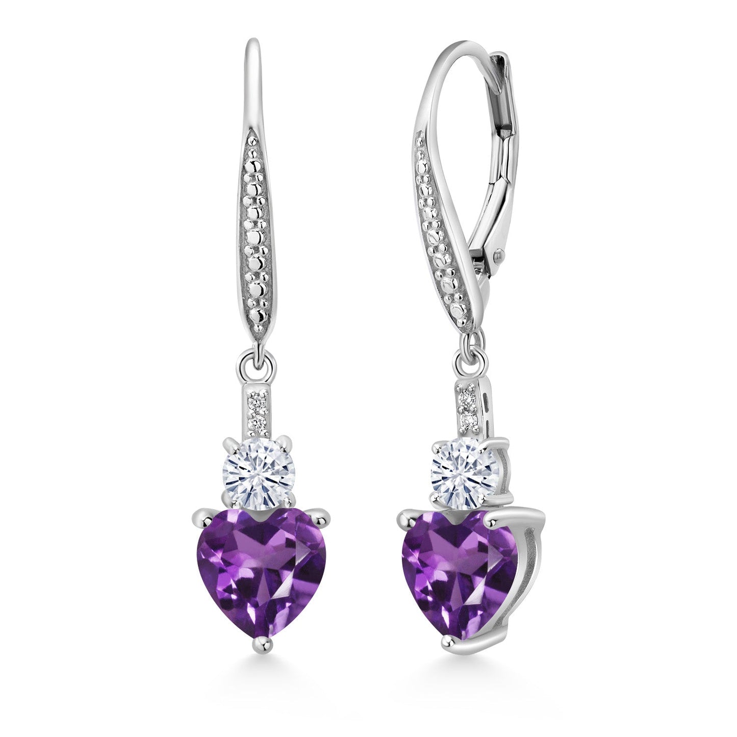 Leverback Drop Dangle Earrings for Women in 925 Sterling Silver | Gemstone Birthstone and White Moissanite with Lab Grown Diamond Accents | Heart 7MM & Round 4MM | Fine Jewelry Her Mom Wife