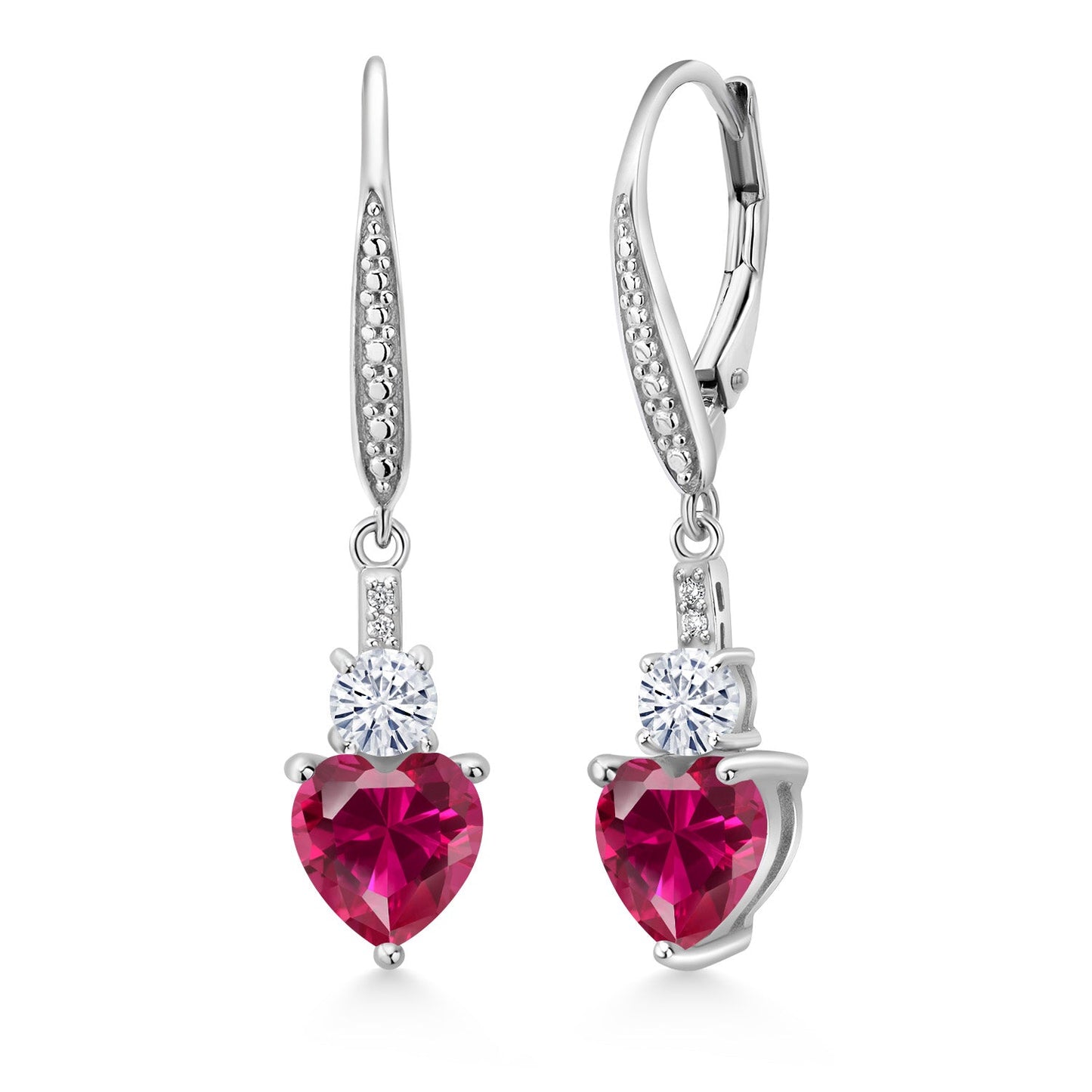 Leverback Drop Dangle Earrings for Women in 925 Sterling Silver | Gemstone Birthstone and White Moissanite with Lab Grown Diamond Accents | Heart 7MM & Round 4MM | Fine Jewelry Her Mom Wife