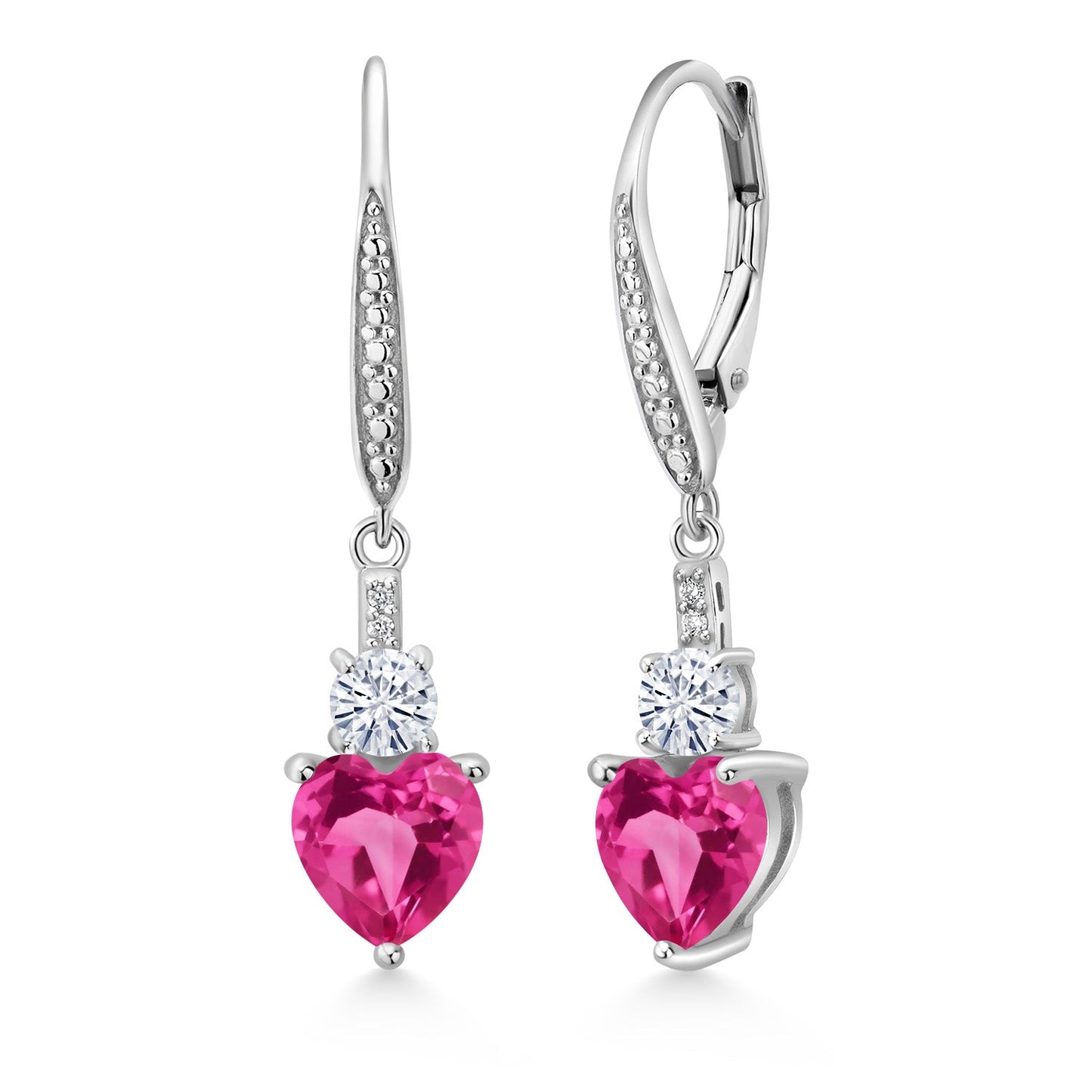 Leverback Drop Dangle Earrings for Women in 925 Sterling Silver | Gemstone Birthstone and White Moissanite with Lab Grown Diamond Accents | Heart 7MM & Round 4MM | Fine Jewelry Her Mom Wife