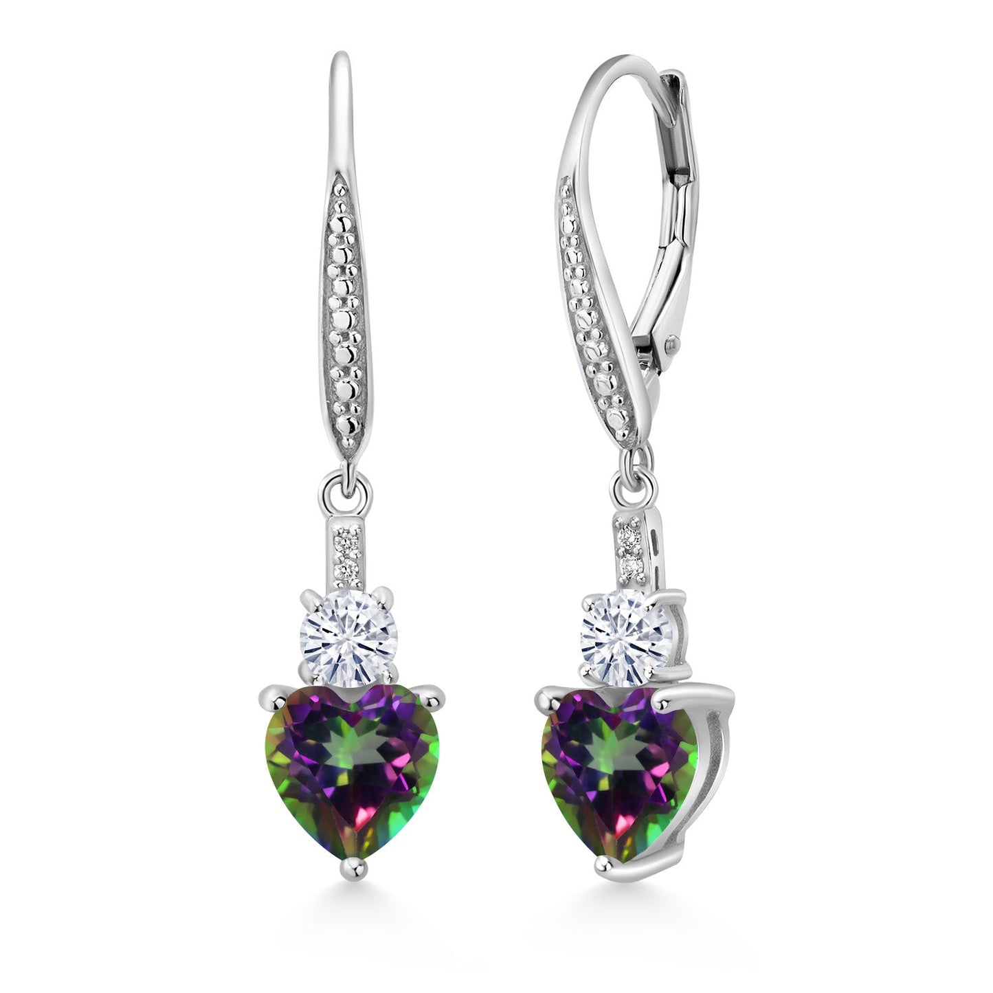 Leverback Drop Dangle Earrings for Women in 925 Sterling Silver | Gemstone Birthstone and White Moissanite with Lab Grown Diamond Accents | Heart 7MM & Round 4MM | Fine Jewelry Her Mom Wife
