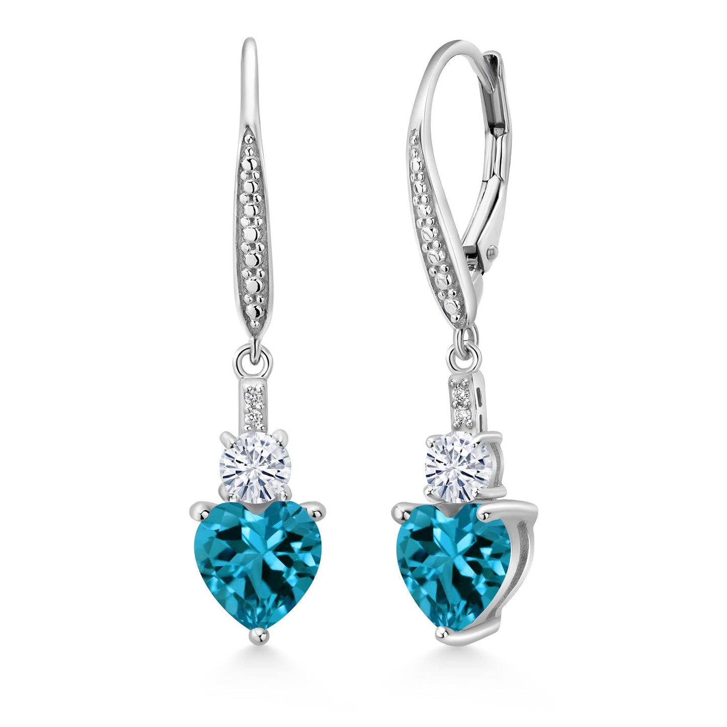Leverback Drop Dangle Earrings for Women in 925 Sterling Silver | Gemstone Birthstone and White Moissanite with Lab Grown Diamond Accents | Heart 7MM & Round 4MM | Fine Jewelry Her Mom Wife