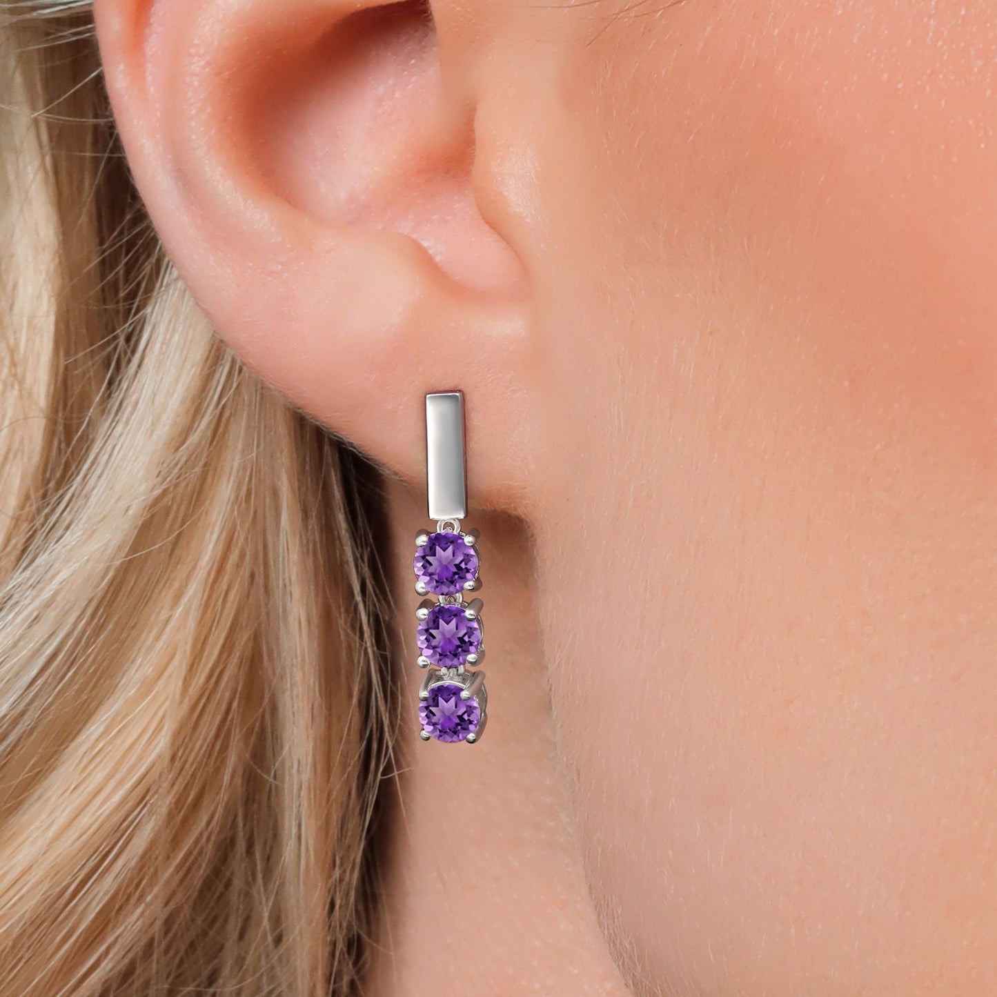 5MM Round Gemstone Birthstone Drop Dangle 3-Stone Earrings For Women | 925 Sterling Silver | Three Stone Fine Jewelry Gifts for Her Mom Women Wife