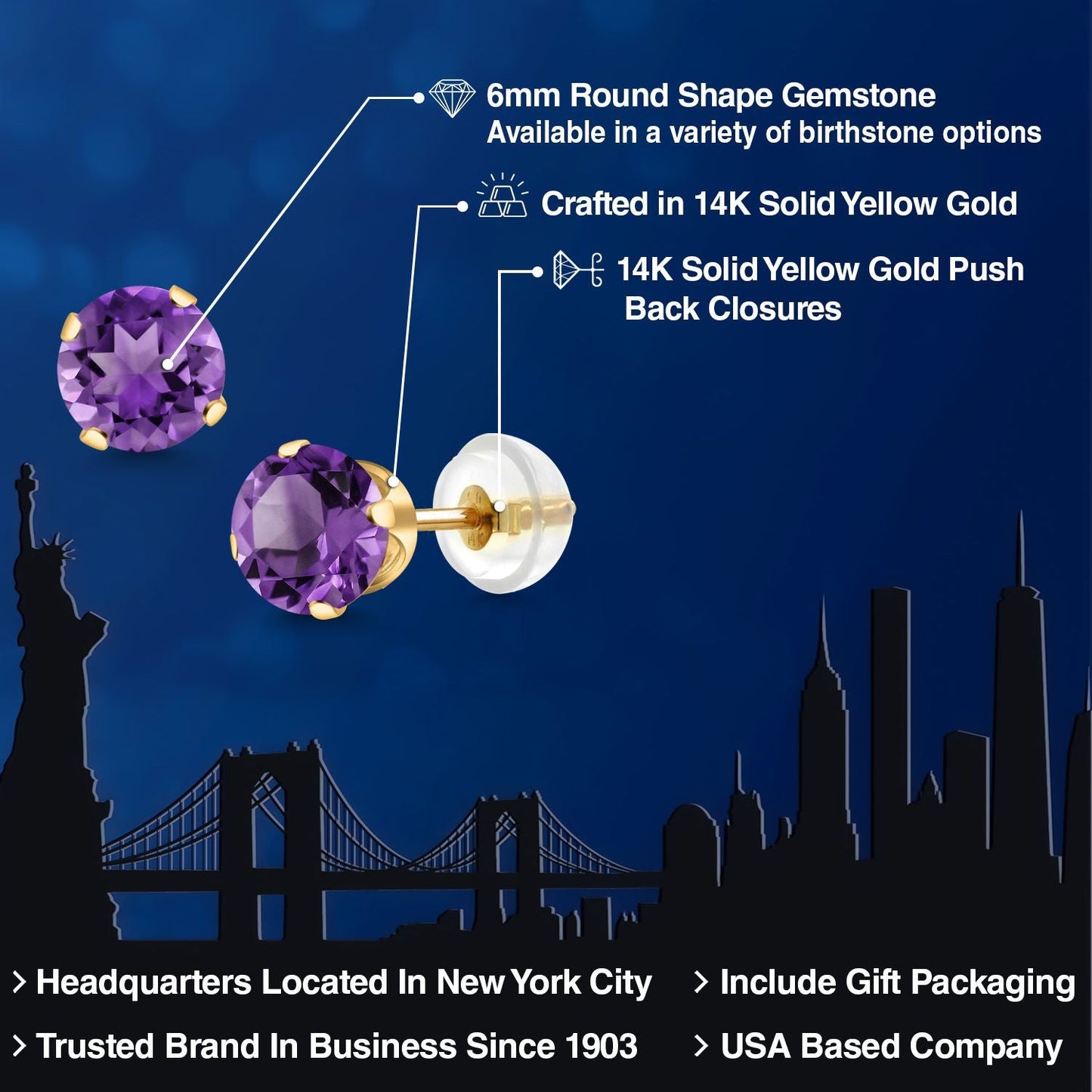14K Gold Gemstone Birthstone Solitaire Stud Earrings | Round 6MM | Gold Earrings For Women Men