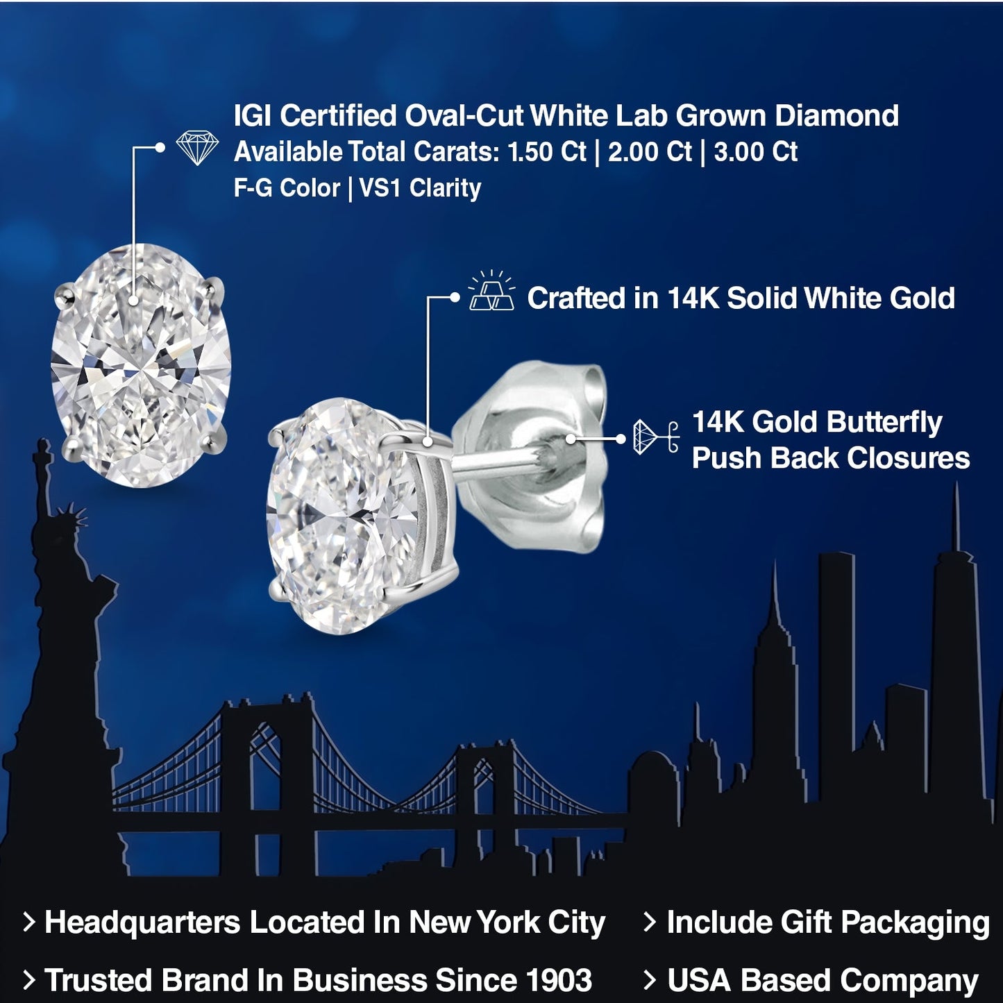 1.5 to 3 Carat 14K Gold IGI Certified Oval Lab Grown Diamond Stud Earrings | F-G Color | VS1 Clarity | Gold Earrings For Women Men