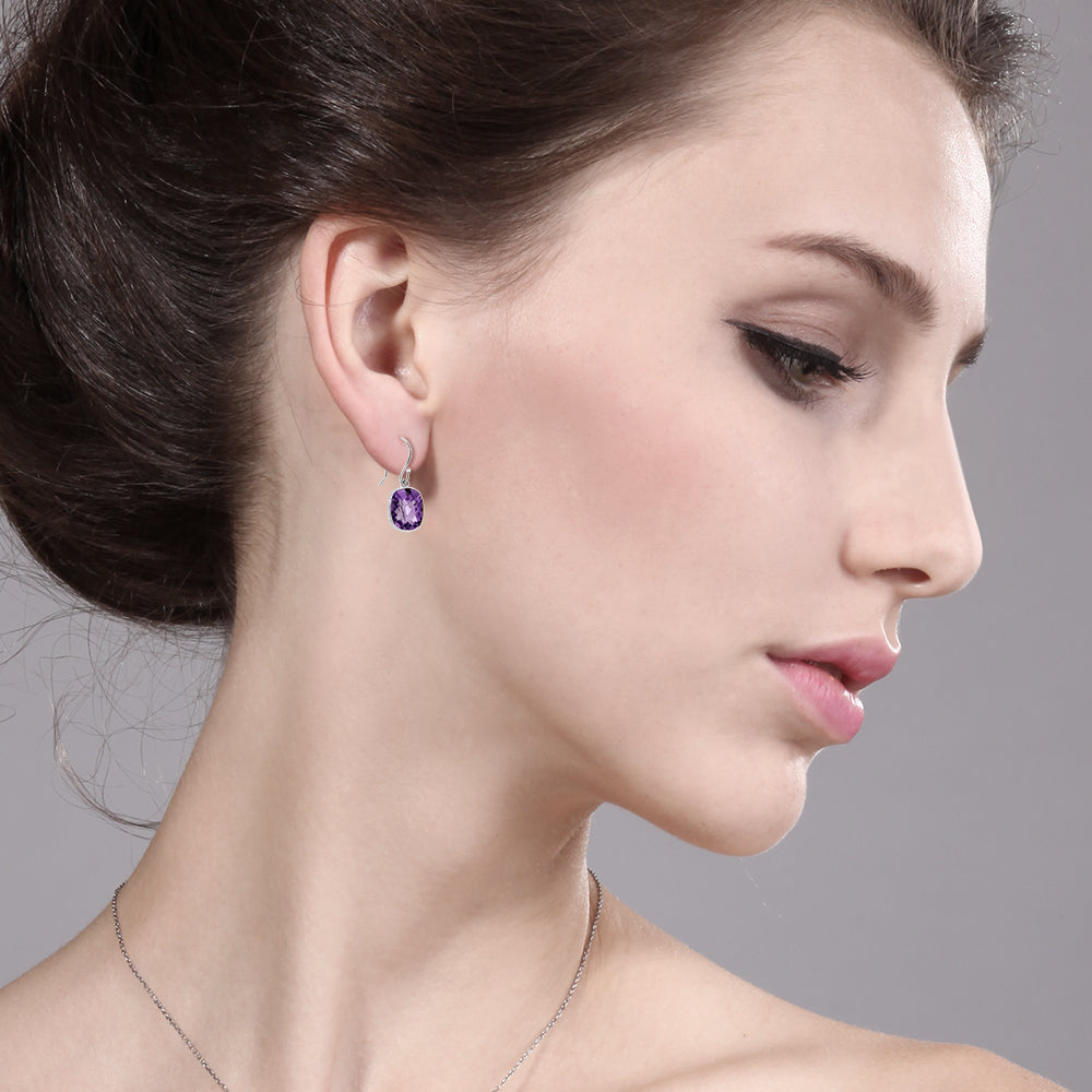 925 Sterling Silver Amethyst Drop Dangle Earrings For Women | 10.00 Cttw | Gemstone Birthstone | Cushion Checkerboard 11MM