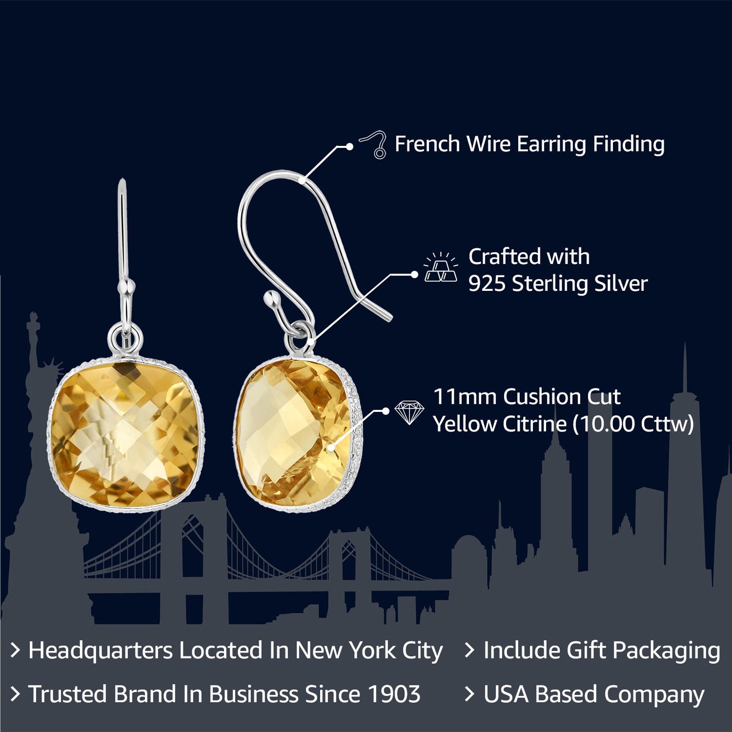 925 Sterling Silver Yellow Citrine Dangle Earrings For Women (10.00 Cttw, Gemstone Birthstone, 11MM Cushion Cut)
