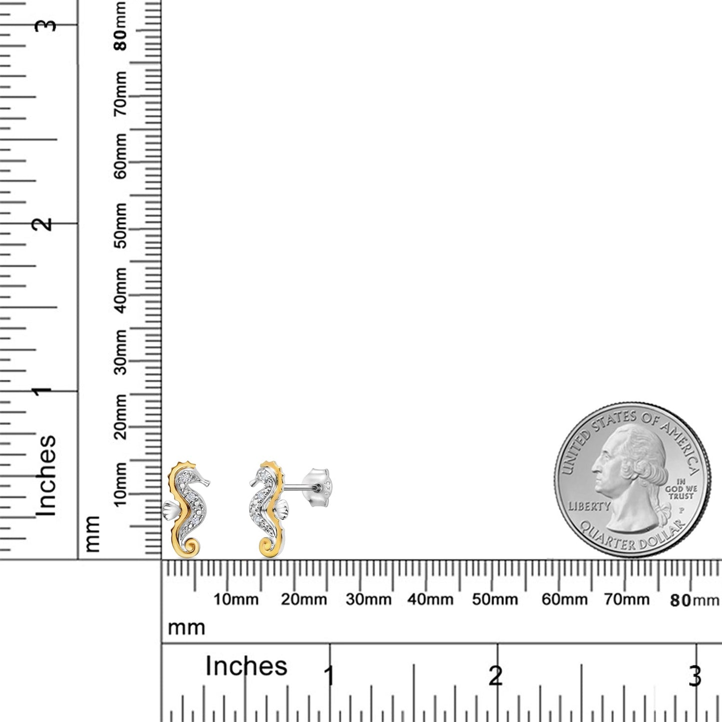 925 Sterling Silver and 10K Yellow Gold White Lab Grown Diamond Seahorse Stud Earrings For Women