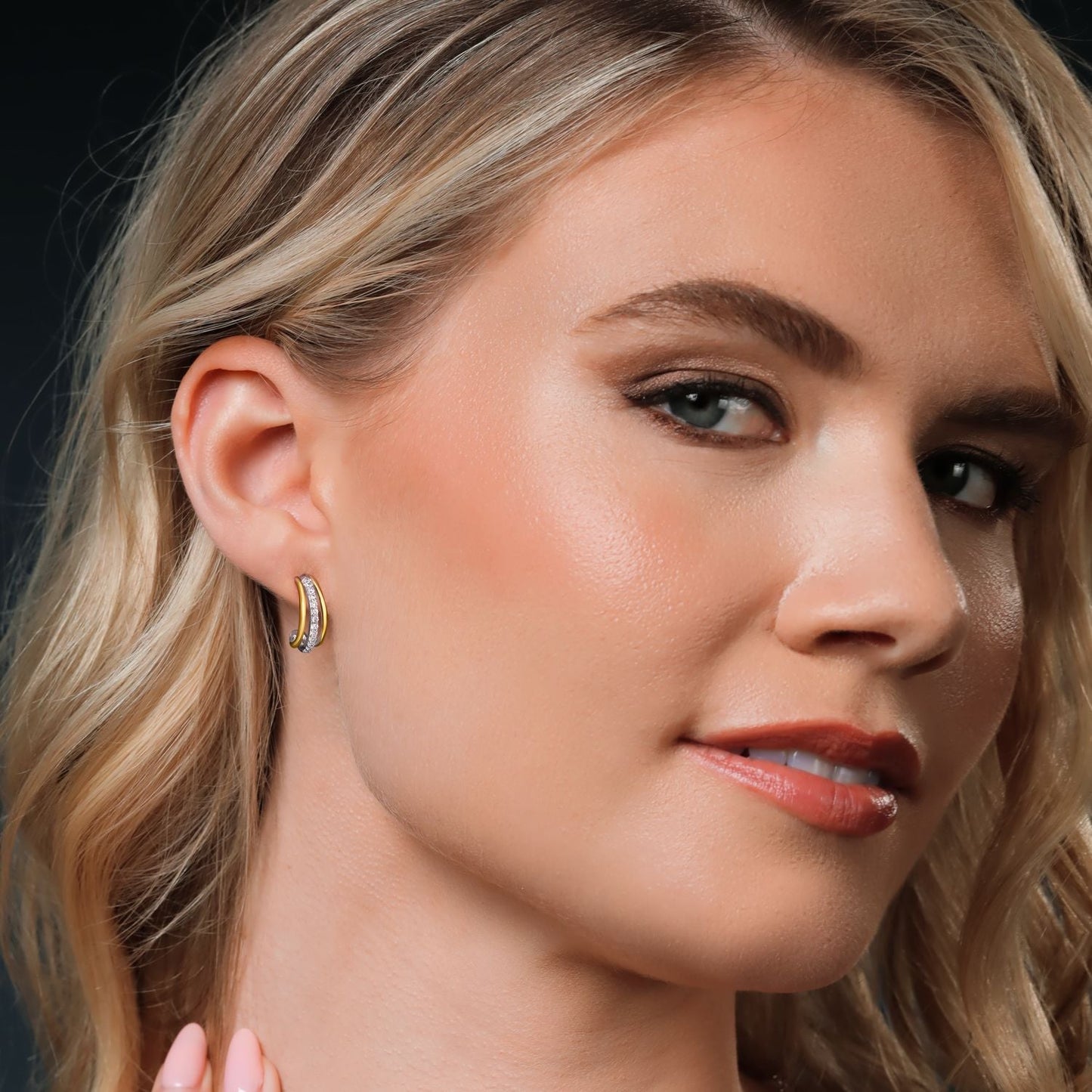 925 Silver and 10K Yellow Gold White Lab Grown Diamond Split Hoop Huggie Earrings For Women | 0.26 Cttw | Gemstone April Birthstone | 16MM = 5/8 Inch