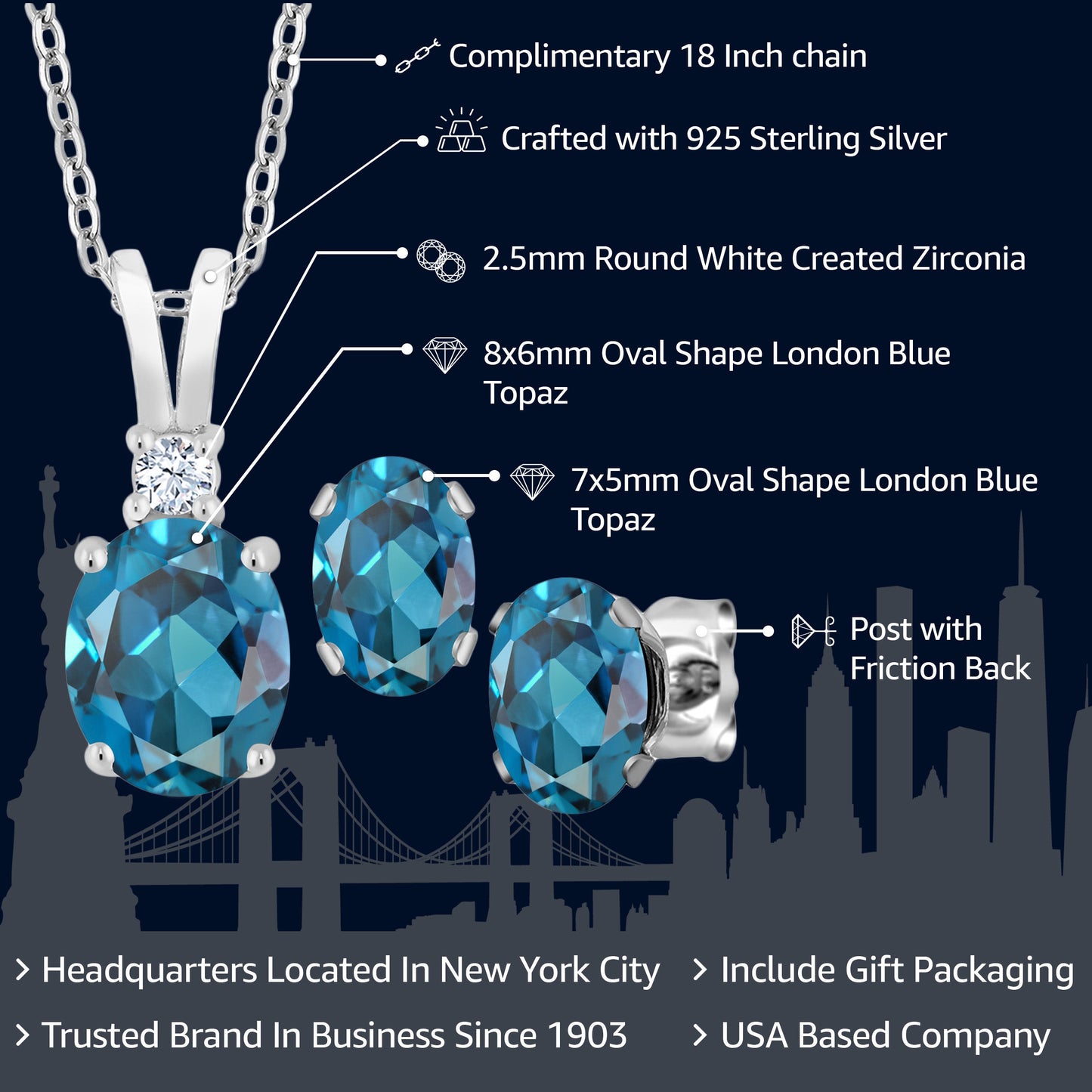 925 Sterling Silver London Blue Topaz Pendant and Earrings Jewelry Set For Women | 3.15 Cttw | Gemstone Birthstone | With 18 Inch Silver Chain