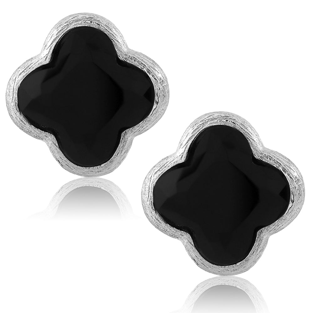 18K Gold Plated Sterling Silver Flower Shape Clover Designs Black Onyx Diamond Cut Stud Earrings For Women