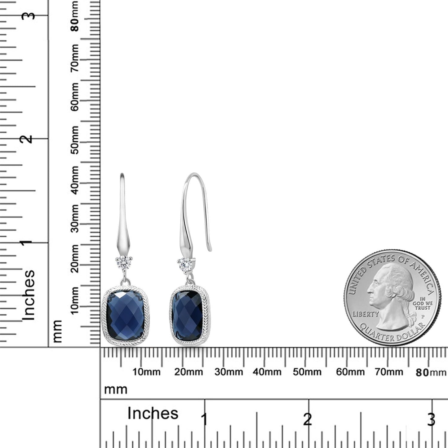 925 Sterling Silver Simulated Sapphire Dangle Drop Earrings For Women (4.60 Cttw, Cushion Checkerboard Cut, 14X10MM)