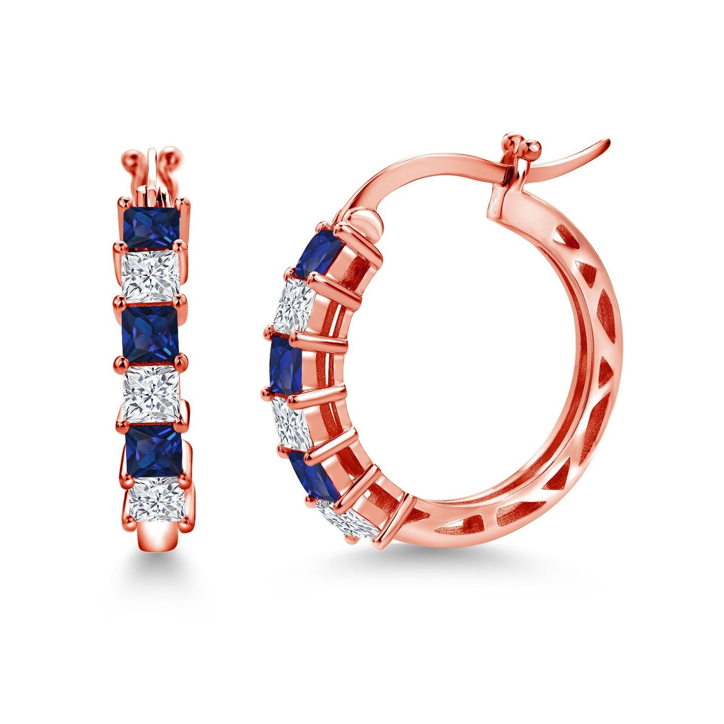 1.56 Cttw Blue Created Sapphire and White Moissanite Hoop Earrings for Women | 925 Sterling Silver | 3MM Princess Cut | 20MM | Fine Jewelry Gifts for Her Mom Women Wife
