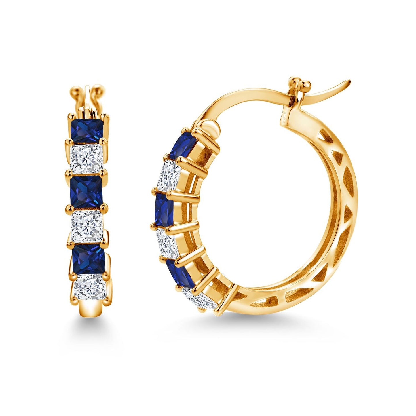 1.56 Cttw Blue Created Sapphire and White Moissanite Hoop Earrings for Women | 925 Sterling Silver | 3MM Princess Cut | 20MM | Fine Jewelry Gifts for Her Mom Women Wife