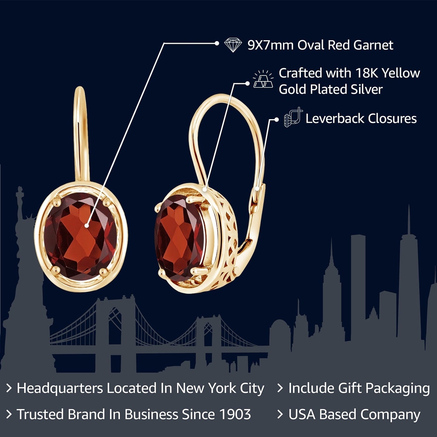 Red Garnet 18K Yellow Gold Plated Silver Dangle Earrings For Women (3.60 Cttw, Gemstone Birthstone, Oval 9X7MM)