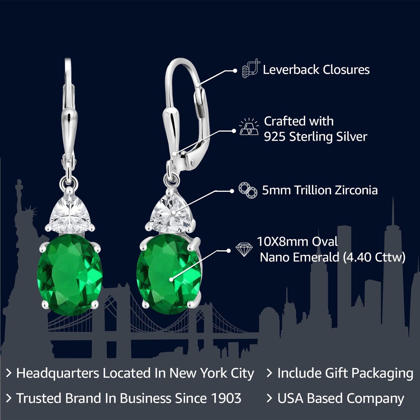 4-6 Cttw Leverback Dangle Earrings For Women | Gemstone Birthstone | 925 Sterling Silver | Oval 10X8MM | Trillion 5MM | Elegant Drop Design | Gift for Her Wife Mom