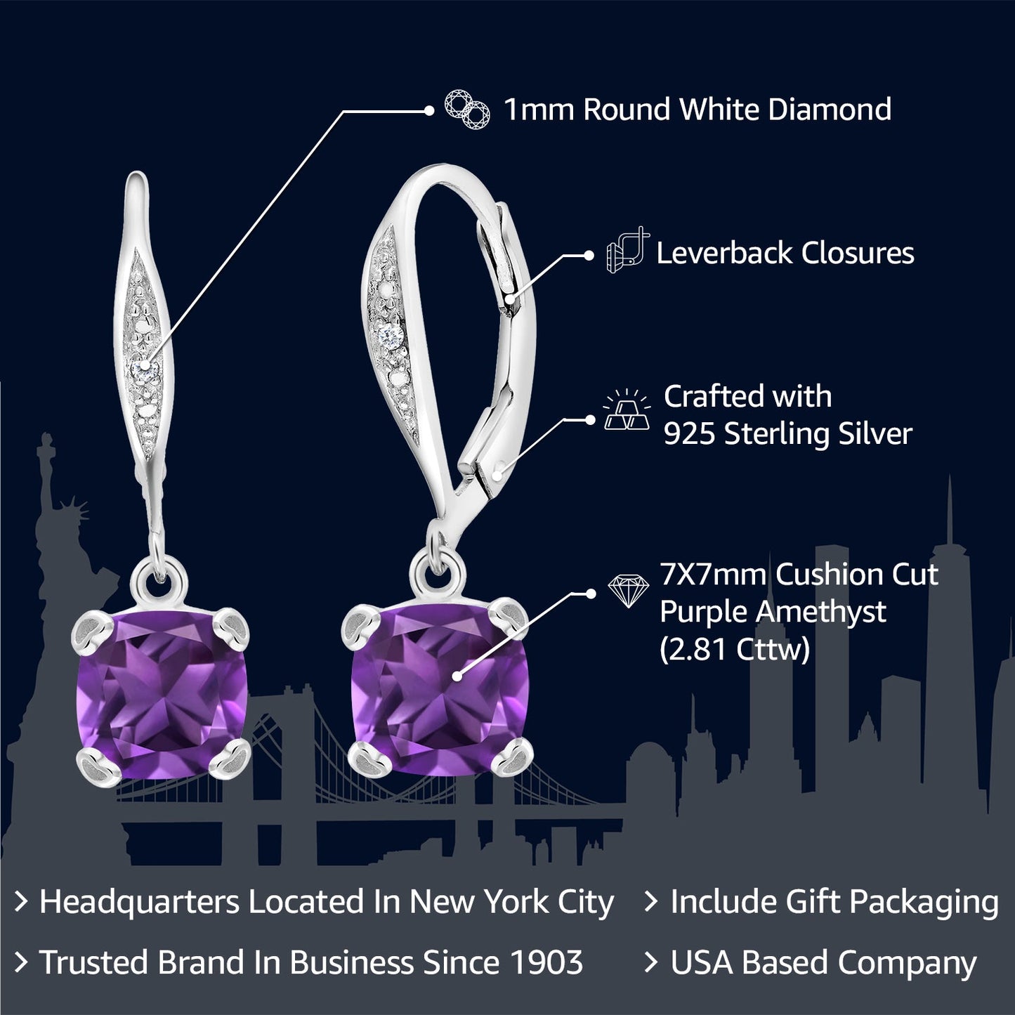 Drop Dangle Earrings For Women | 7MM Cushion Cut Gemstone Birthstone and White Diamond | 925 Sterling Silver | Fine Jewelry Gifts for Her Mom Women Wife