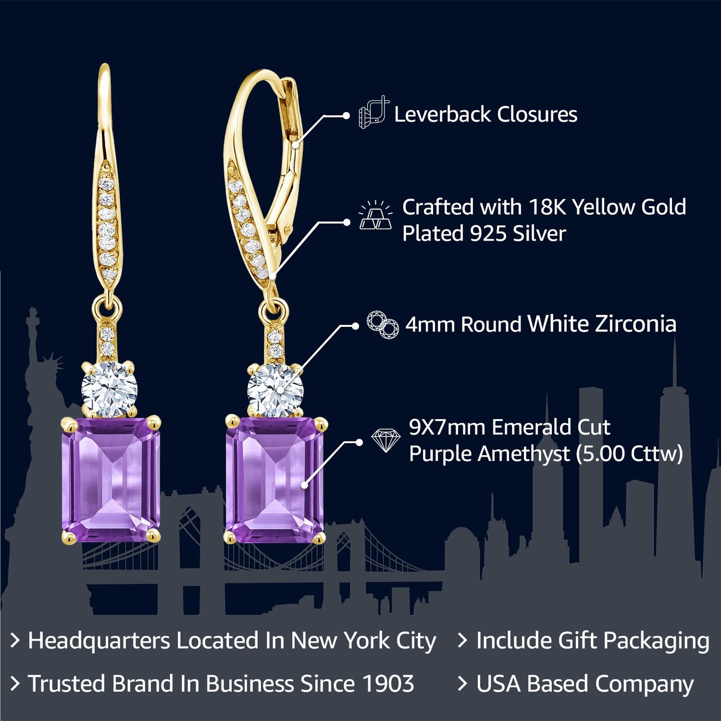 4-5 Cttw Leverback Drop Dangle Earrings For Women | 18K Yellow Gold Plated Silver | Emerald Cut 9X7MM Gemstone Birthstone | Fine Jewelry Gifts for Her Mom Anniversary Wedding
