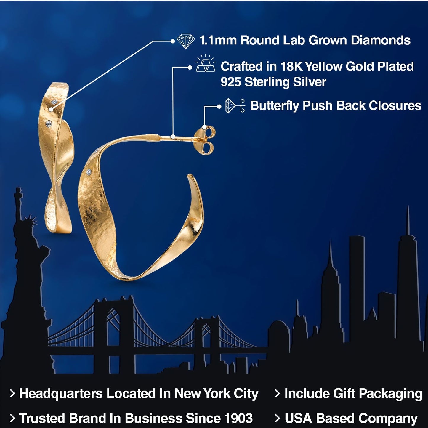 18K Yellow Gold Plated Silver Lab Grown Diamond Round Twisted Dangle Hoop Earrings For Women | 28MM = 0.70 Inch Diameter