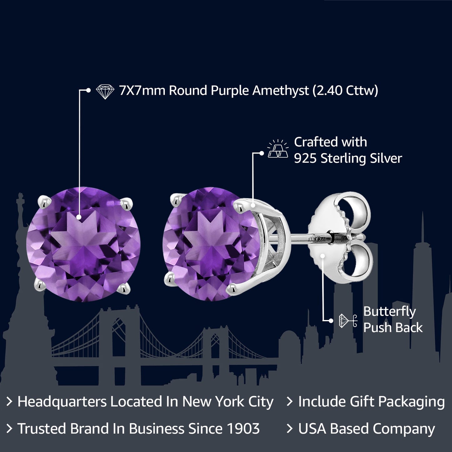 2-4 Cttw Round Gemstone Birthstone Stud Earrings For Women Men | 925 Sterling Silver | Round 7MM | Fine Jewelry Gifts for Her Mom Women Wife Men