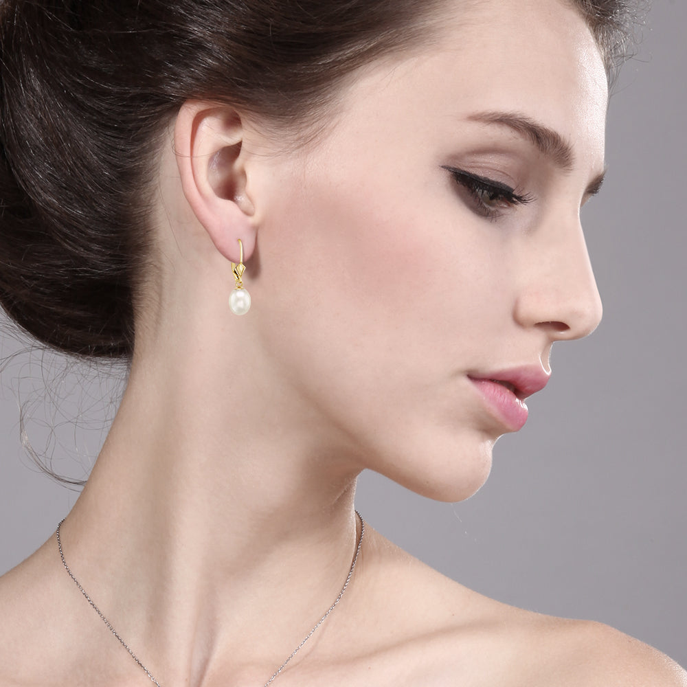 14K Yellow Gold 9MM Cultured Freshwater Pearl Dangle Earrings For Women